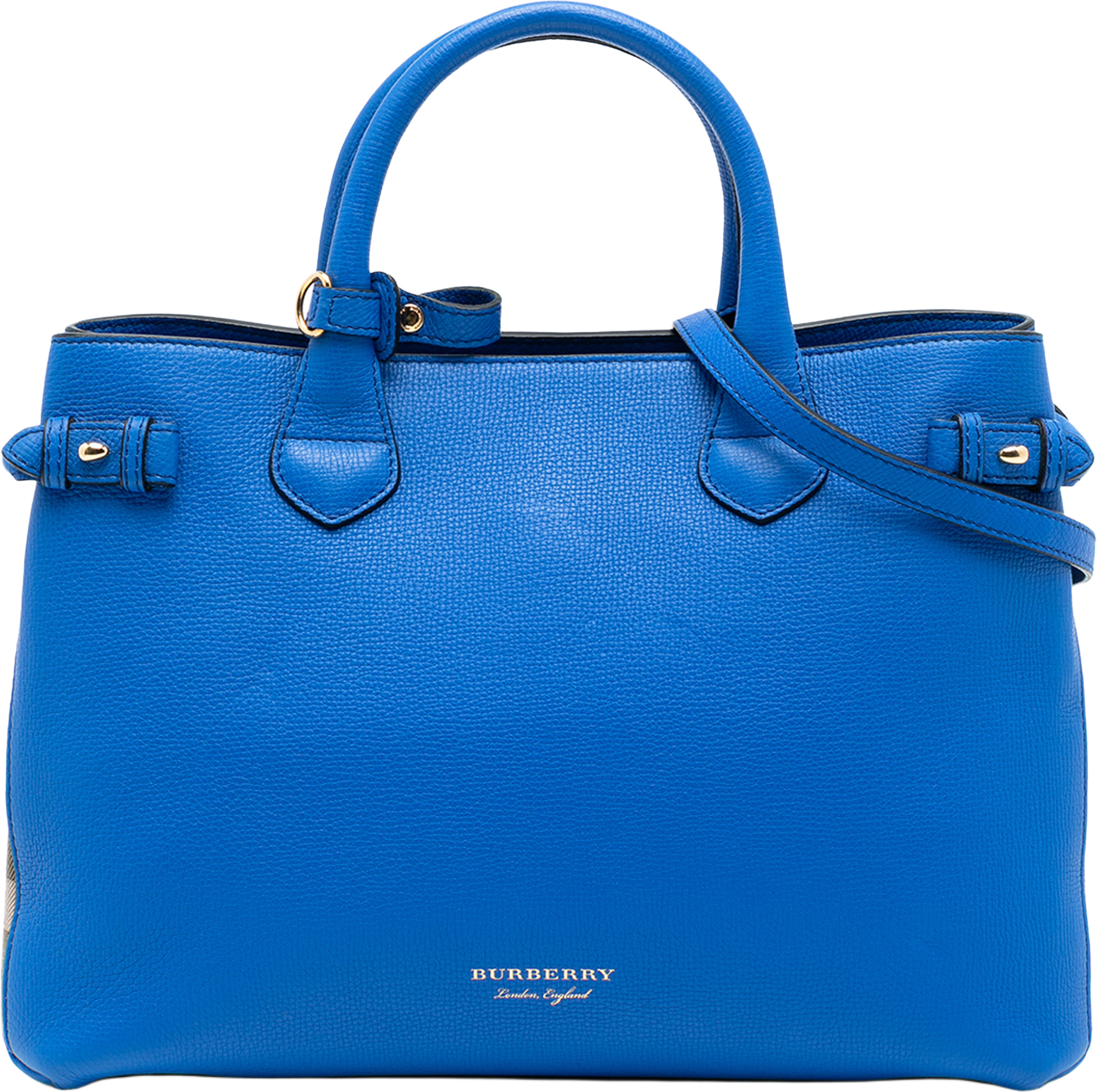 Burberry Medium Leather And House Check Banner Satchel, från Luxclusif, i färgen blue. Klicka för att öppna bilden i stort format