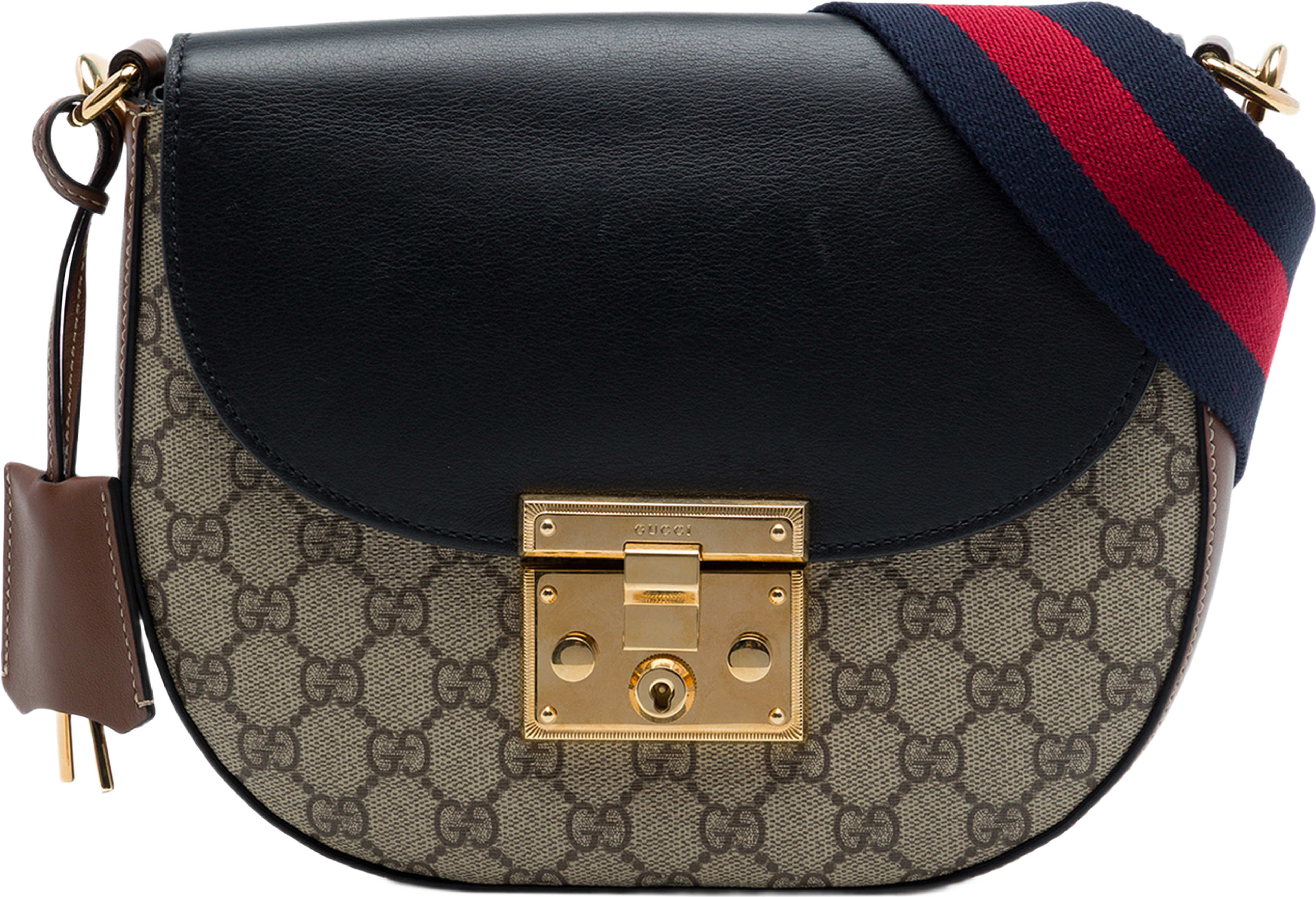 Gucci Gg Supreme Web Padlock Crossbody, från Luxclusif, i färgen beige. Klicka för att öppna bilden i stort format