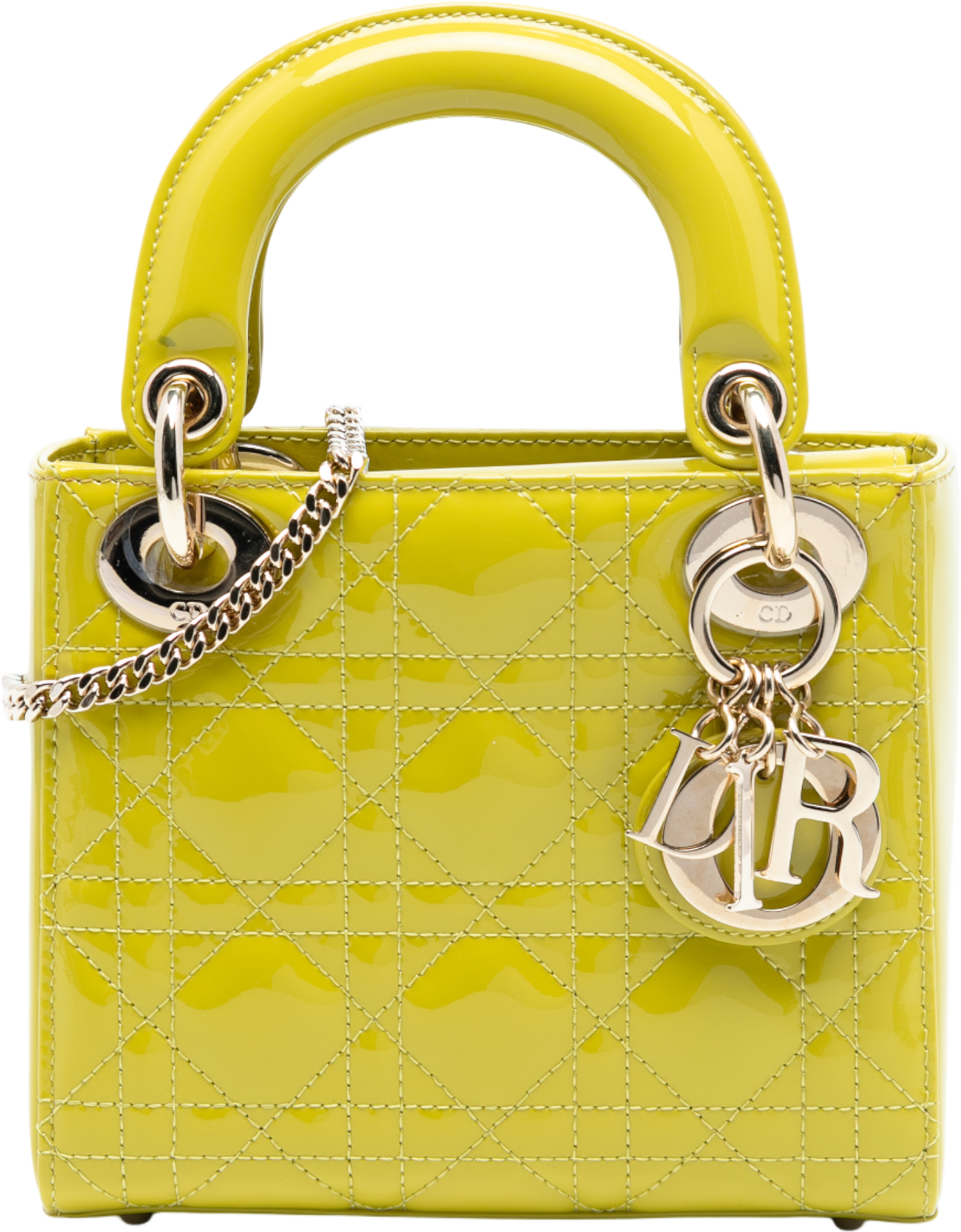 Dior Mini Patent Cannage Lady Dior, från Luxclusif, i färgen neon yellow. Klicka för att öppna bilden i stort format