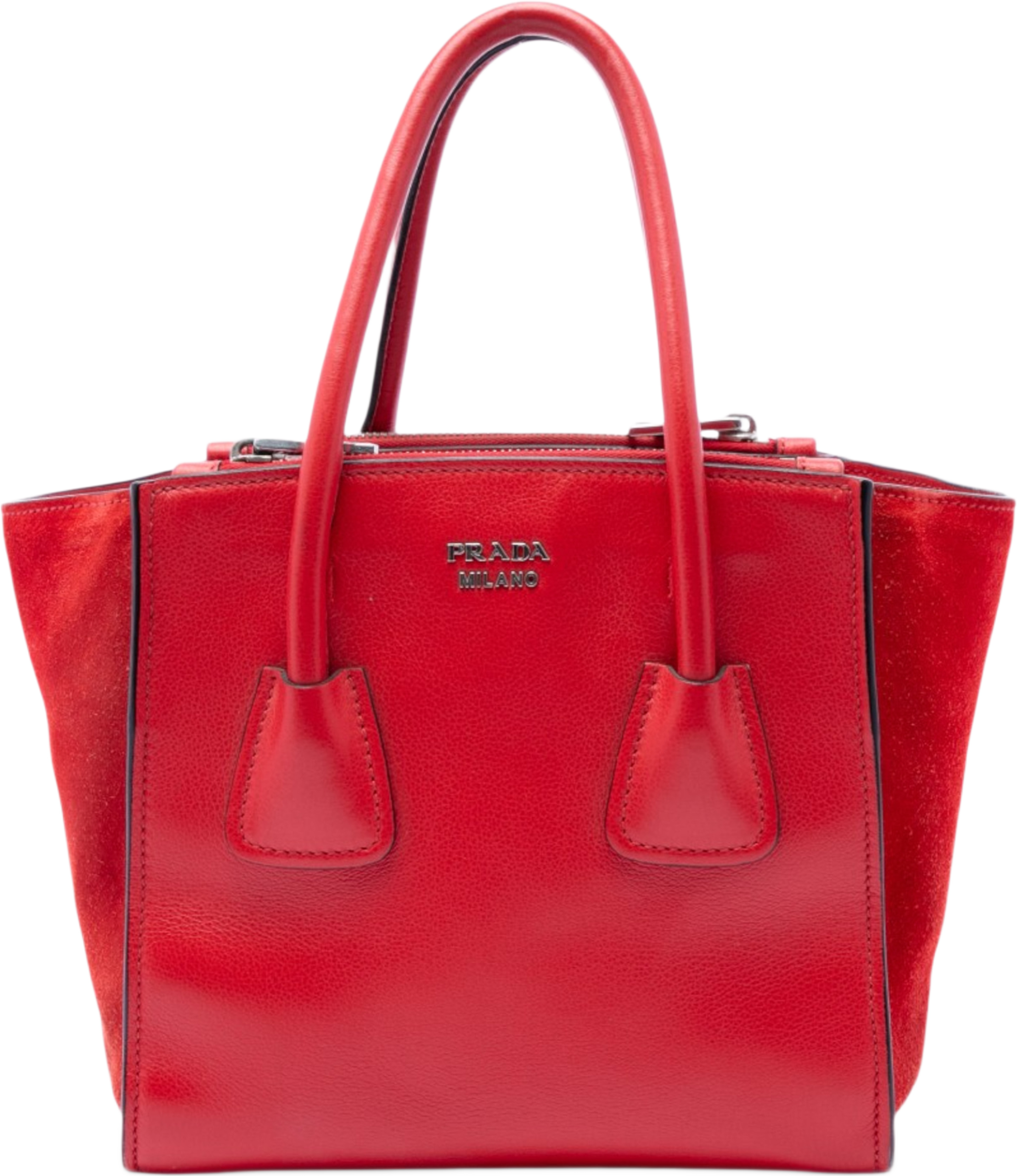 Prada Small Glace Calf Twin Pocket Satchel, från Luxclusif, i färgen red. Klicka för att öppna bilden i stort format