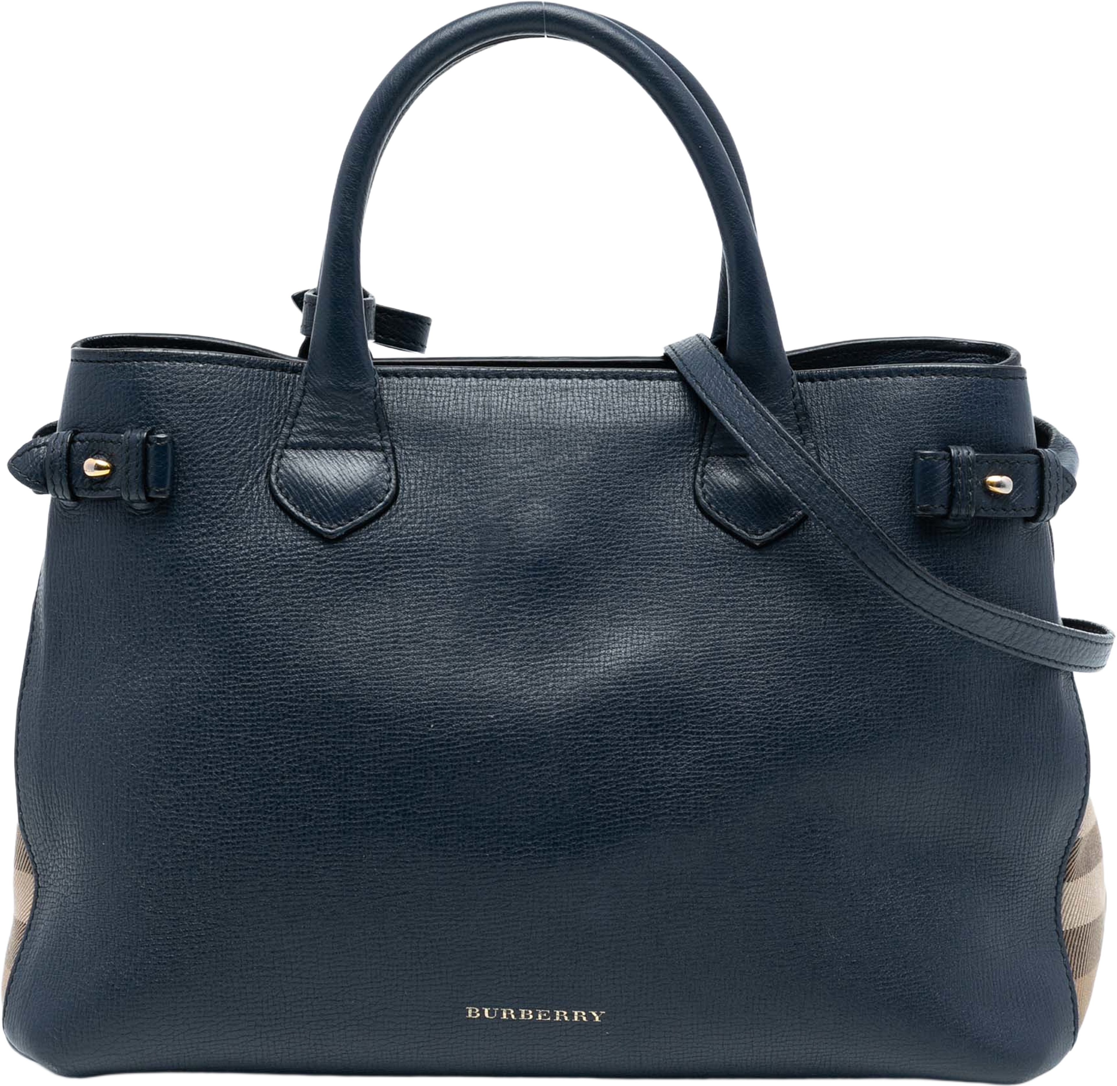 Burberry Medium Leather And House Check Banner Satchel, från Luxclusif, i färgen navy. Klicka för att öppna bilden i stort format