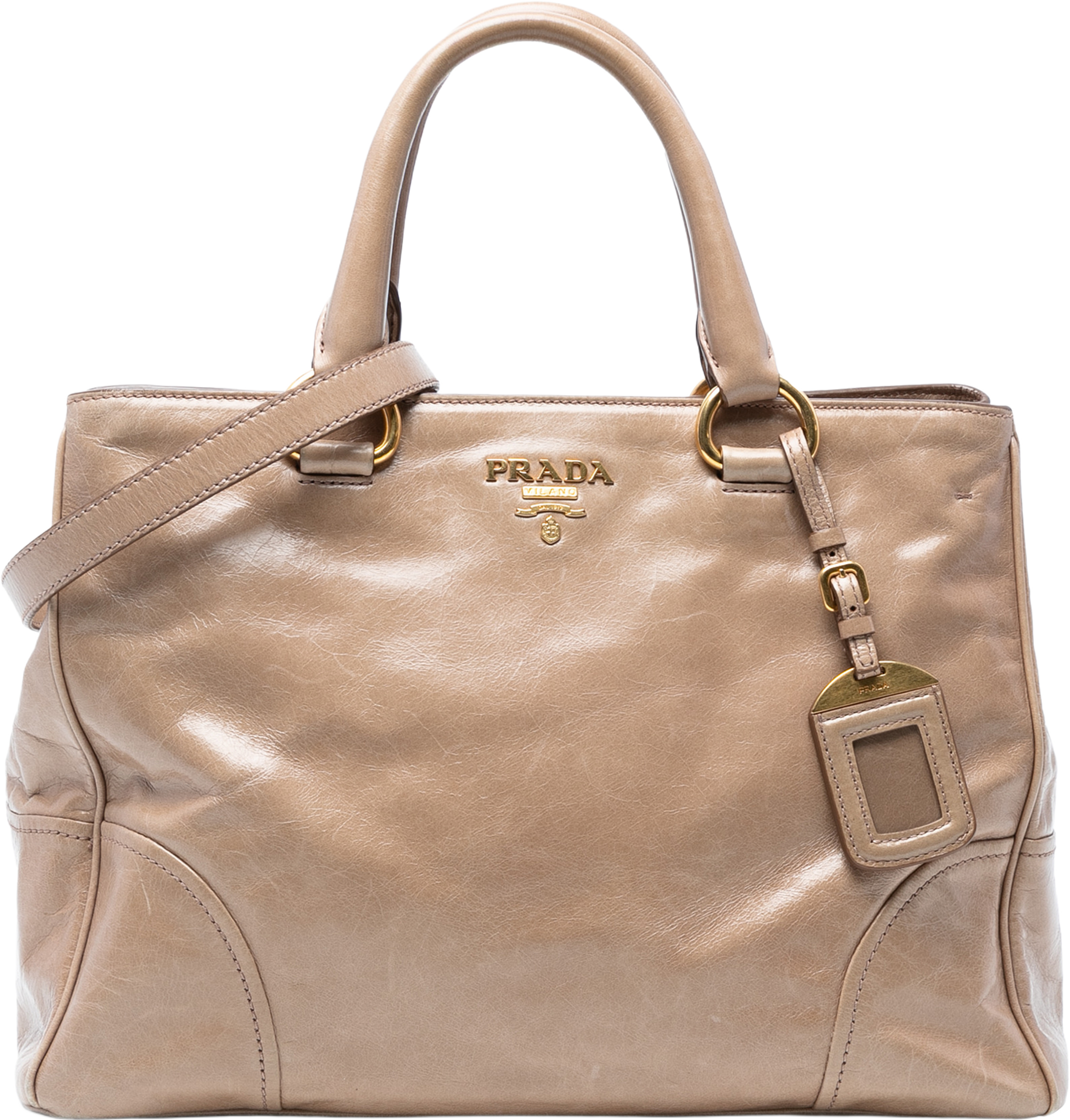 Prada Vitello Shine Open Convertible Tote, från Luxclusif, i färgen beige. Klicka för att öppna bilden i stort format