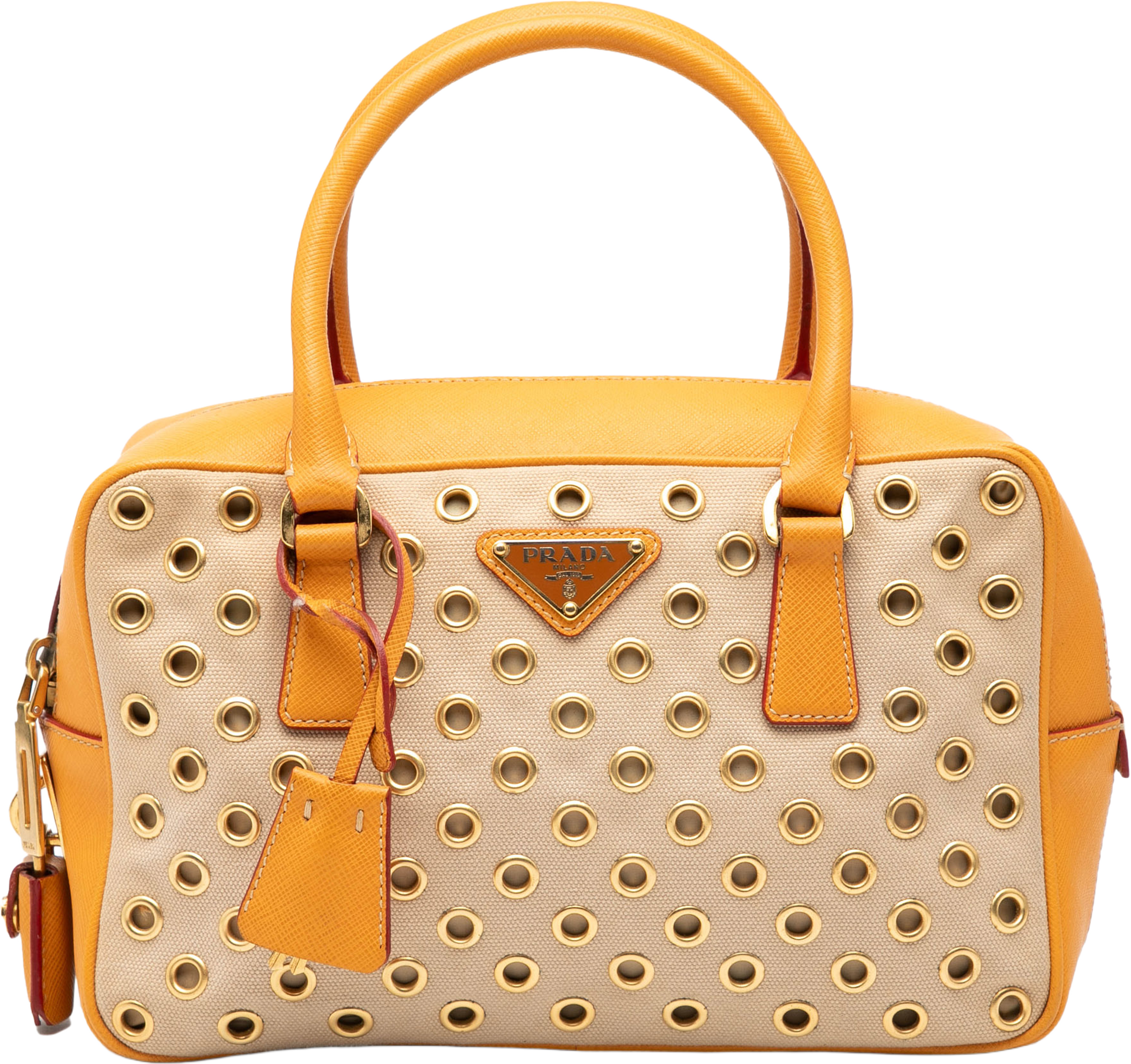 Prada Small Saffiano Trimmed Canvas Grommet Bauletto Bag, från Luxclusif, i färgen beige. Klicka för att öppna bilden i stort format