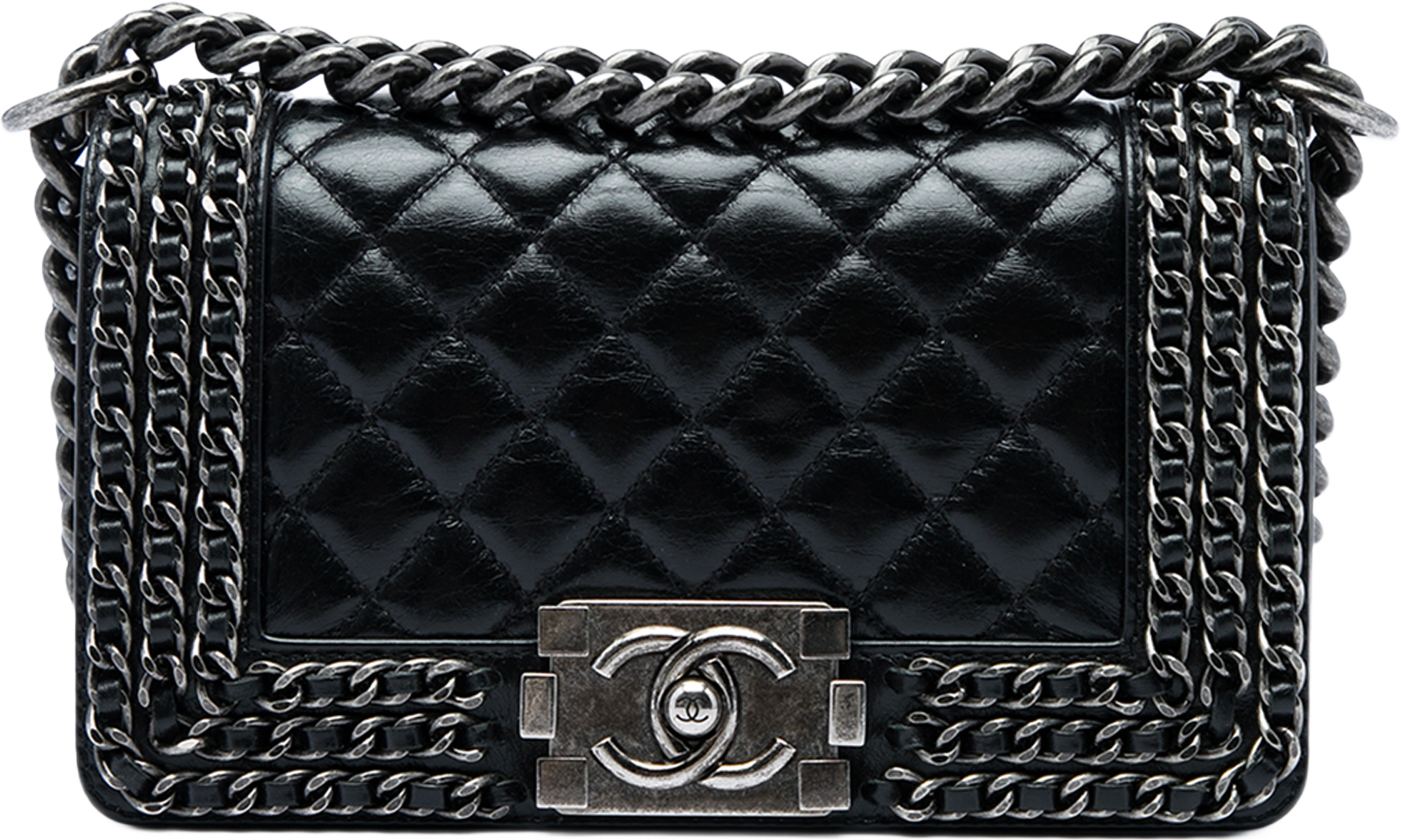 Chanel Small Quilted Glazed Calfskin Chained Boy Flap, från Luxclusif, i färgen svart. Klicka för att öppna bilden i stort format