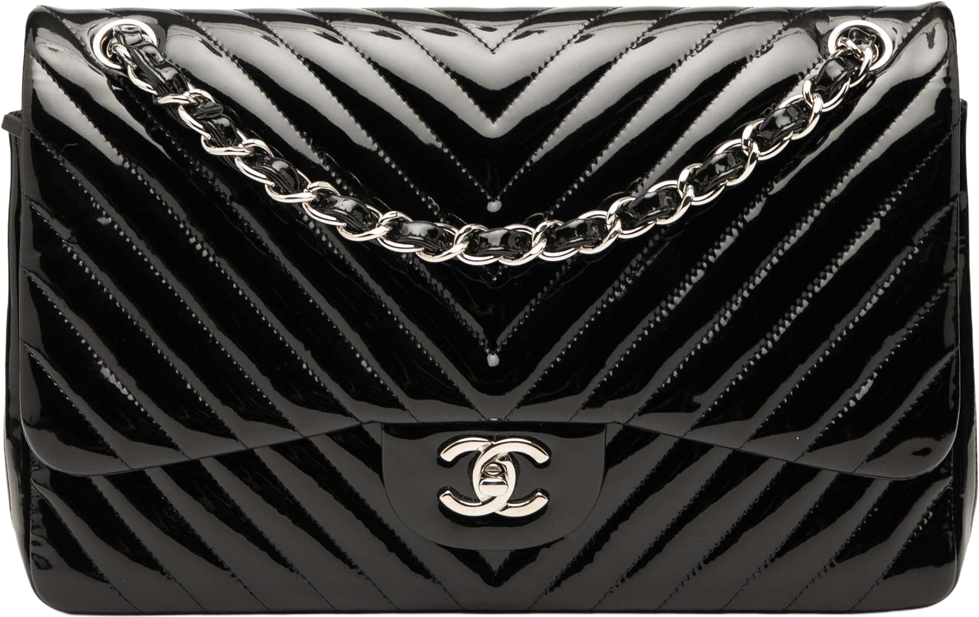 Chanel Jumbo Classic Chevron Patent Double Flap, från Luxclusif, i färgen black. Klicka för att öppna bilden i stort format