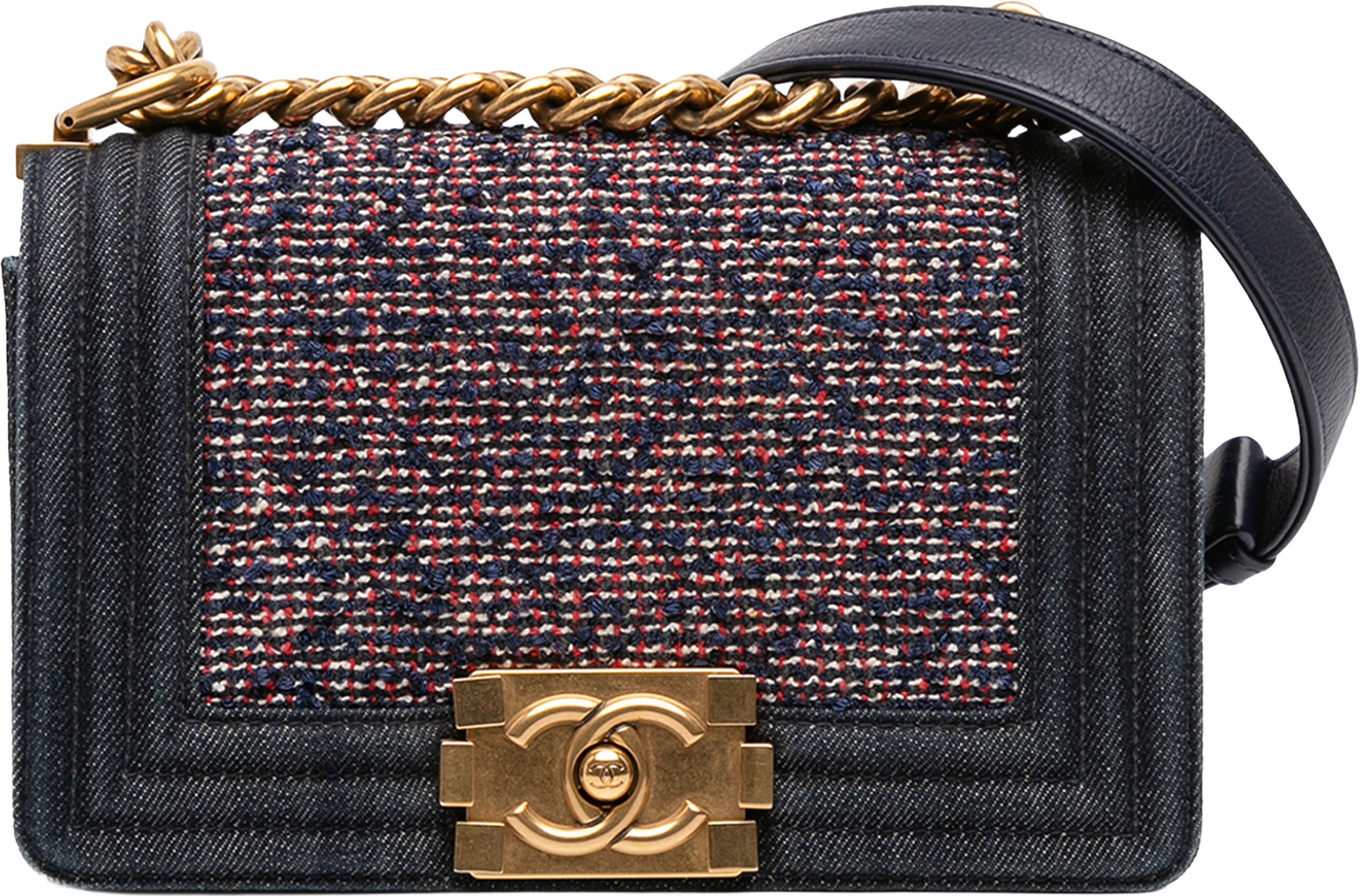 Chanel Small Quilted Denim And Tweed Boy Flap, från Luxclusif, i färgen navy. Klicka för att öppna bilden i stort format