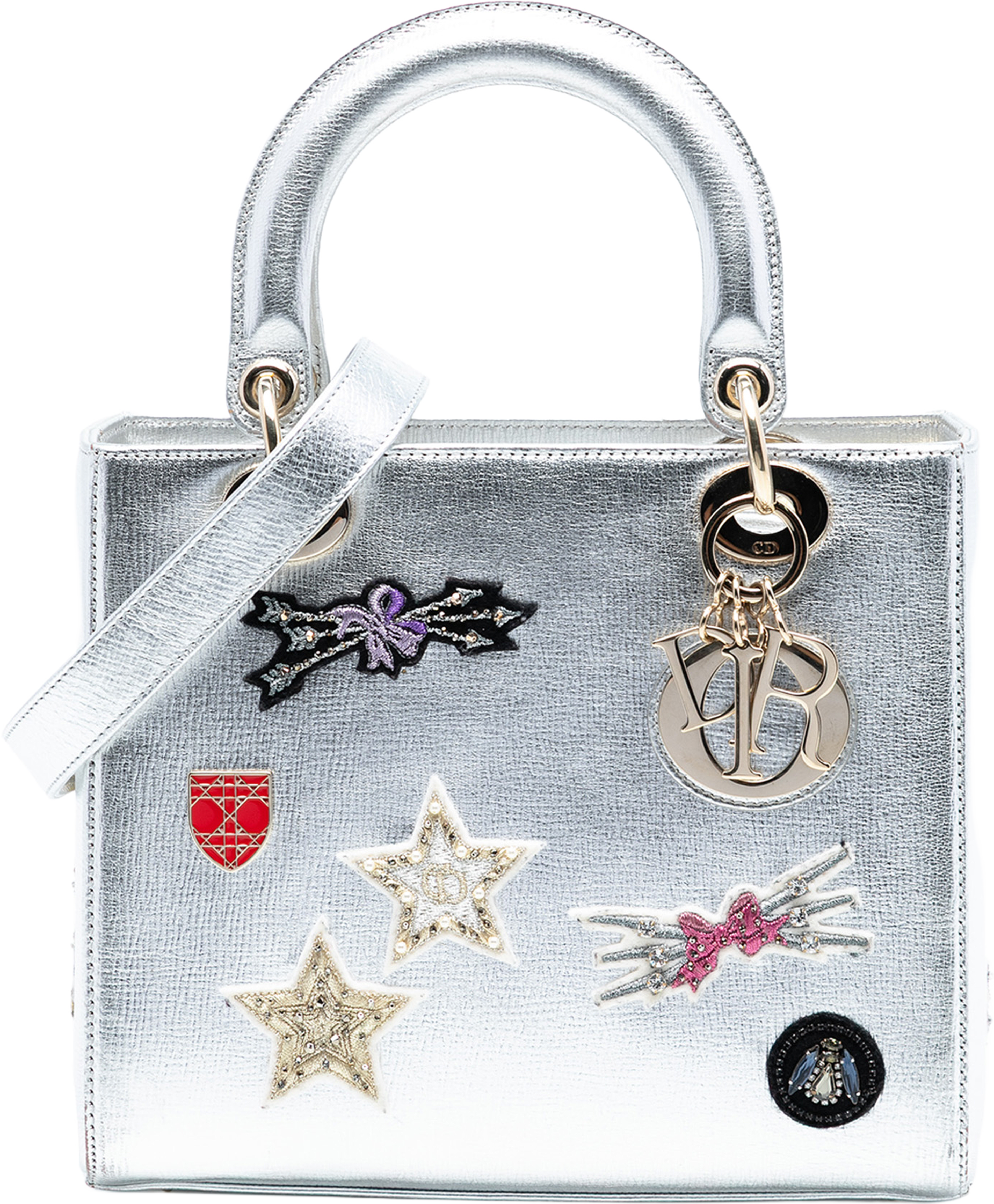 Dior Medium Calfskin Patch Embellished Lady Dior, från Luxclusif, i färgen silver. Klicka för att öppna bilden i stort format