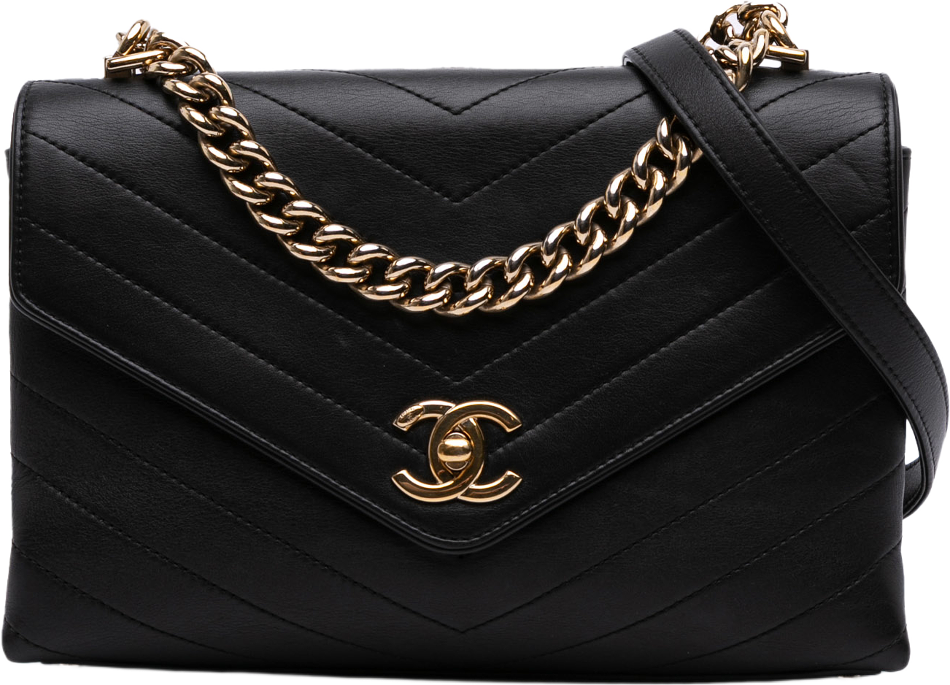 Chanel Small Chevron Calfskin Stitched Coco Flap, från Luxclusif, i färgen black. Klicka för att öppna bilden i stort format
