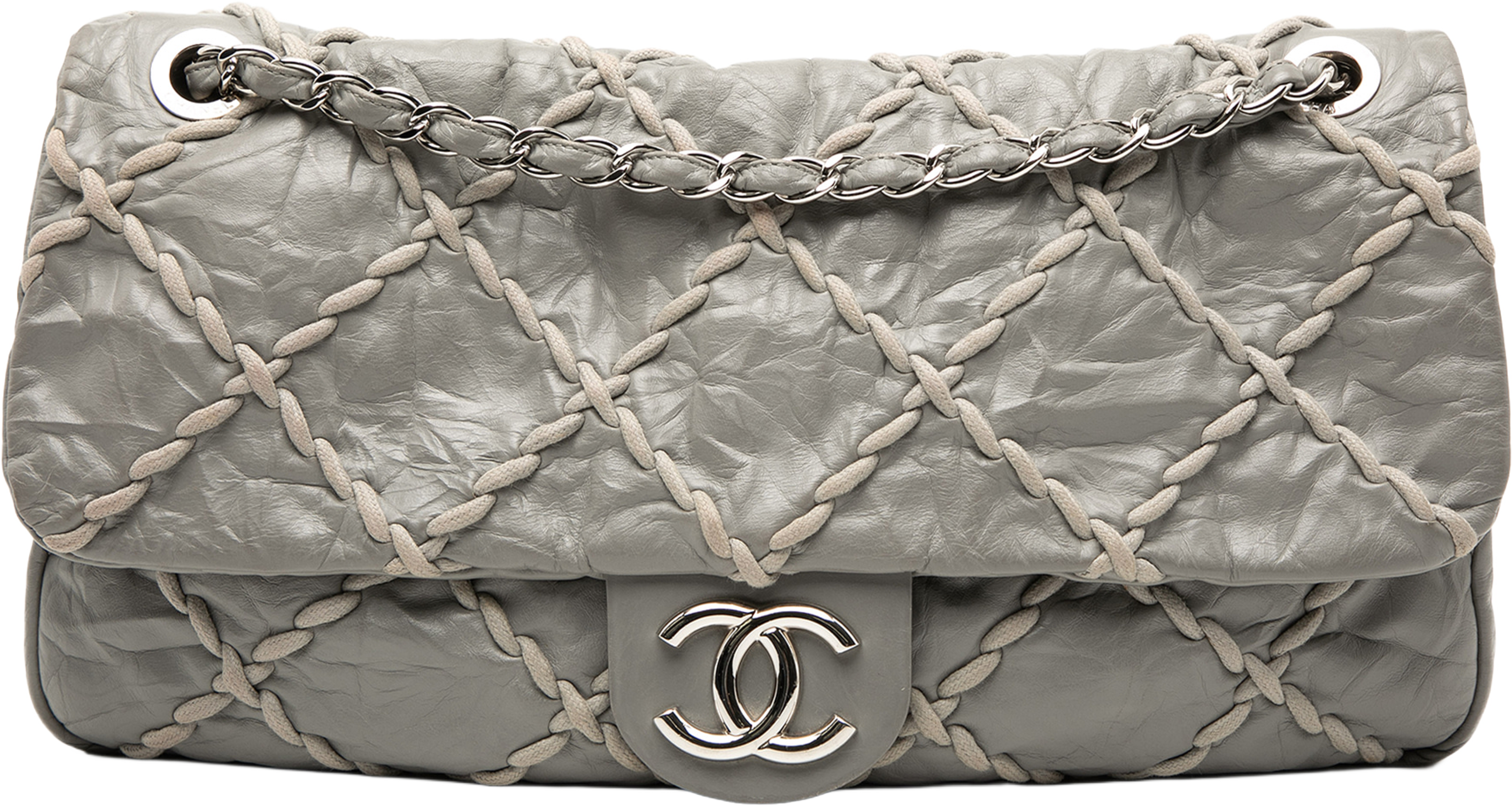 Chanel Jumbo Quilted Calfskin Ultra Stitch Flap, från Luxclusif, i färgen gray. Klicka för att öppna bilden i stort format
