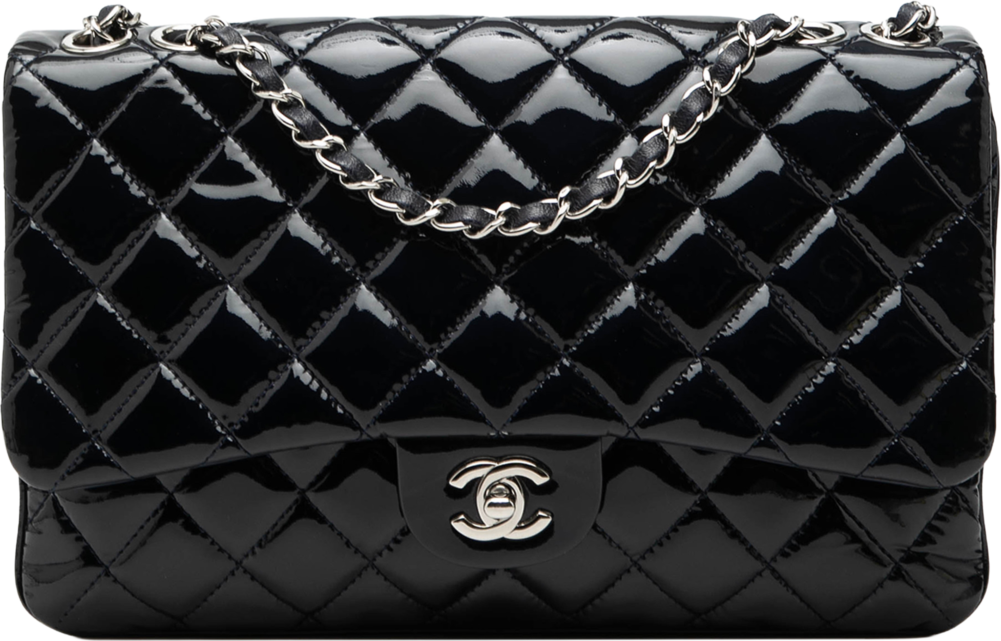 Chanel Jumbo Quilted Patent 3 Compartment Flap, från Luxclusif, i färgen navy. Klicka för att öppna bilden i stort format