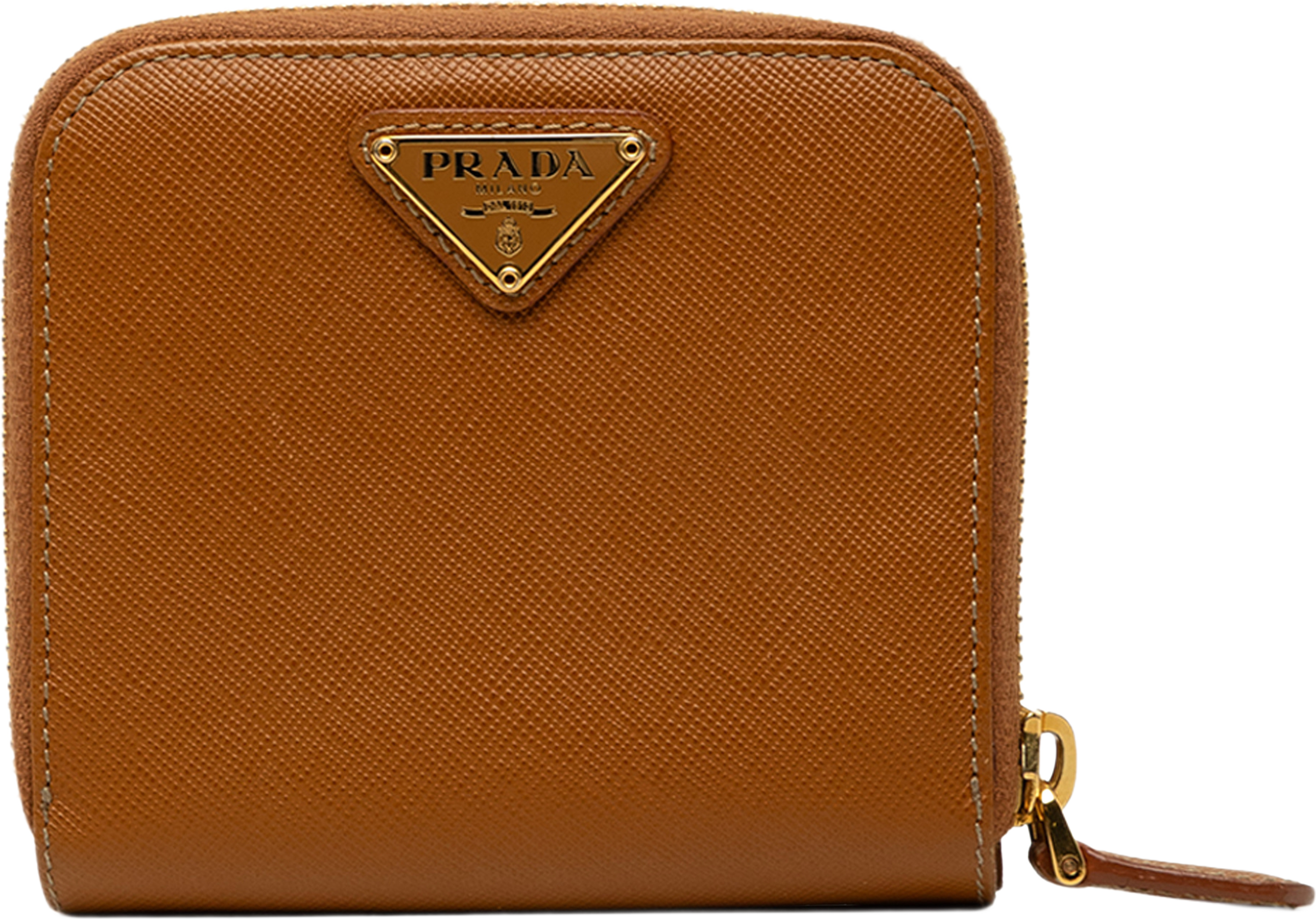 Prada Saffiano Zip Around Compact Wallet, från Luxclusif, i färgen brun. Klicka för att öppna bilden i stort format