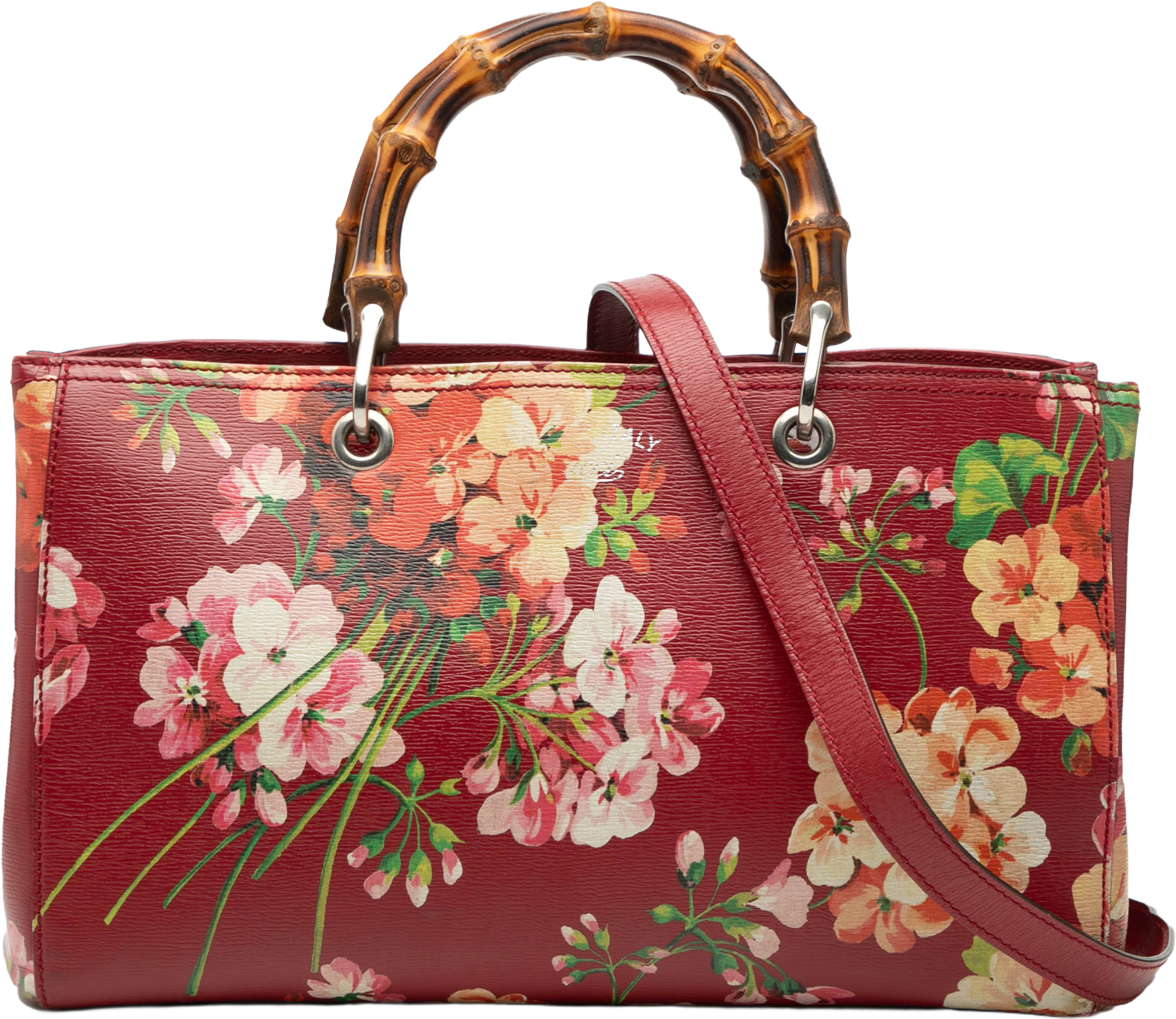 Gucci Medium Calfskin Blooms Bamboo Shopper Satchel, från Luxclusif, i färgen red. Klicka för att öppna bilden i stort format