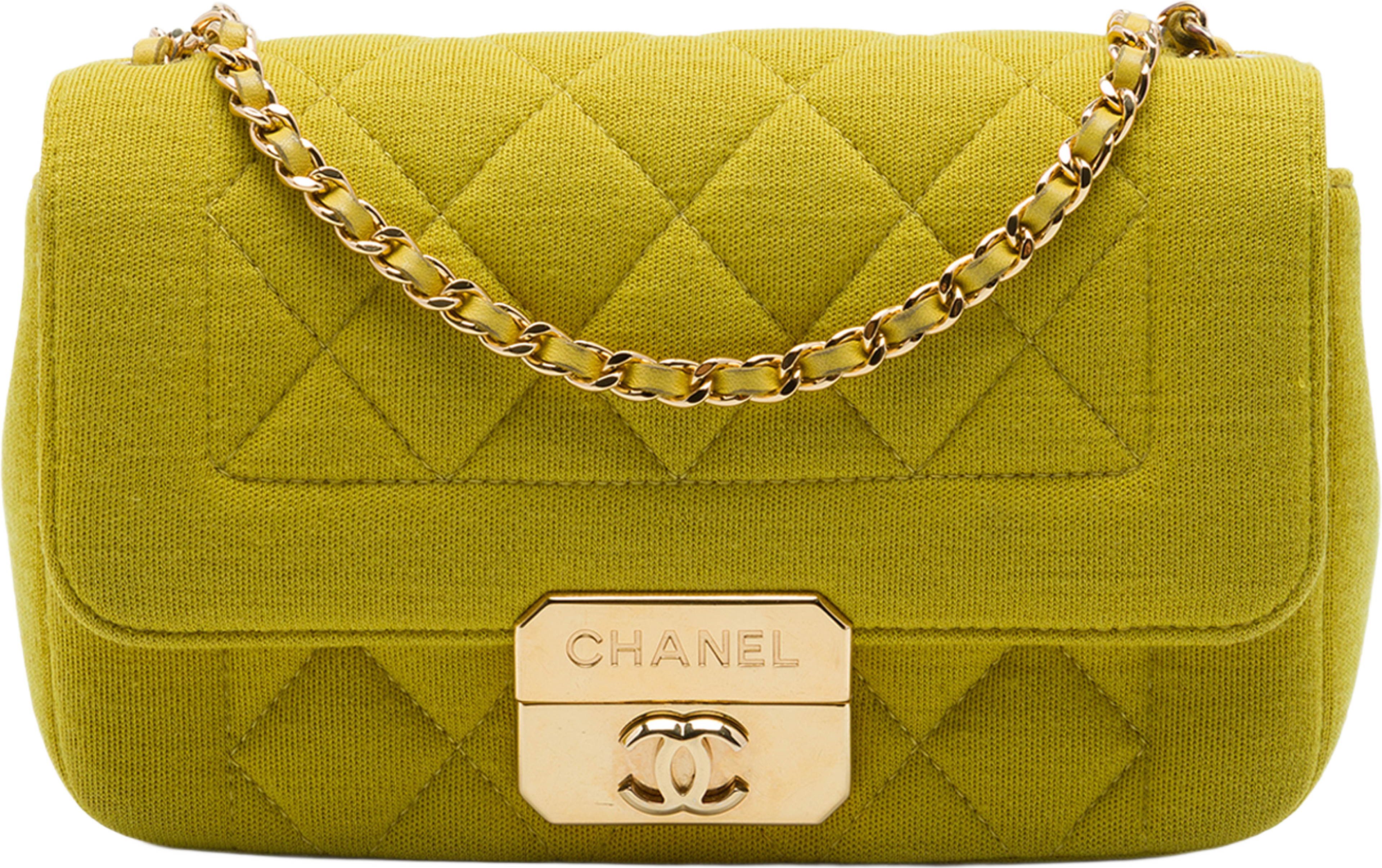 Chanel Mini Jersey Chic With Me Flap, från Luxclusif, i färgen gul. Klicka för att öppna bilden i stort format