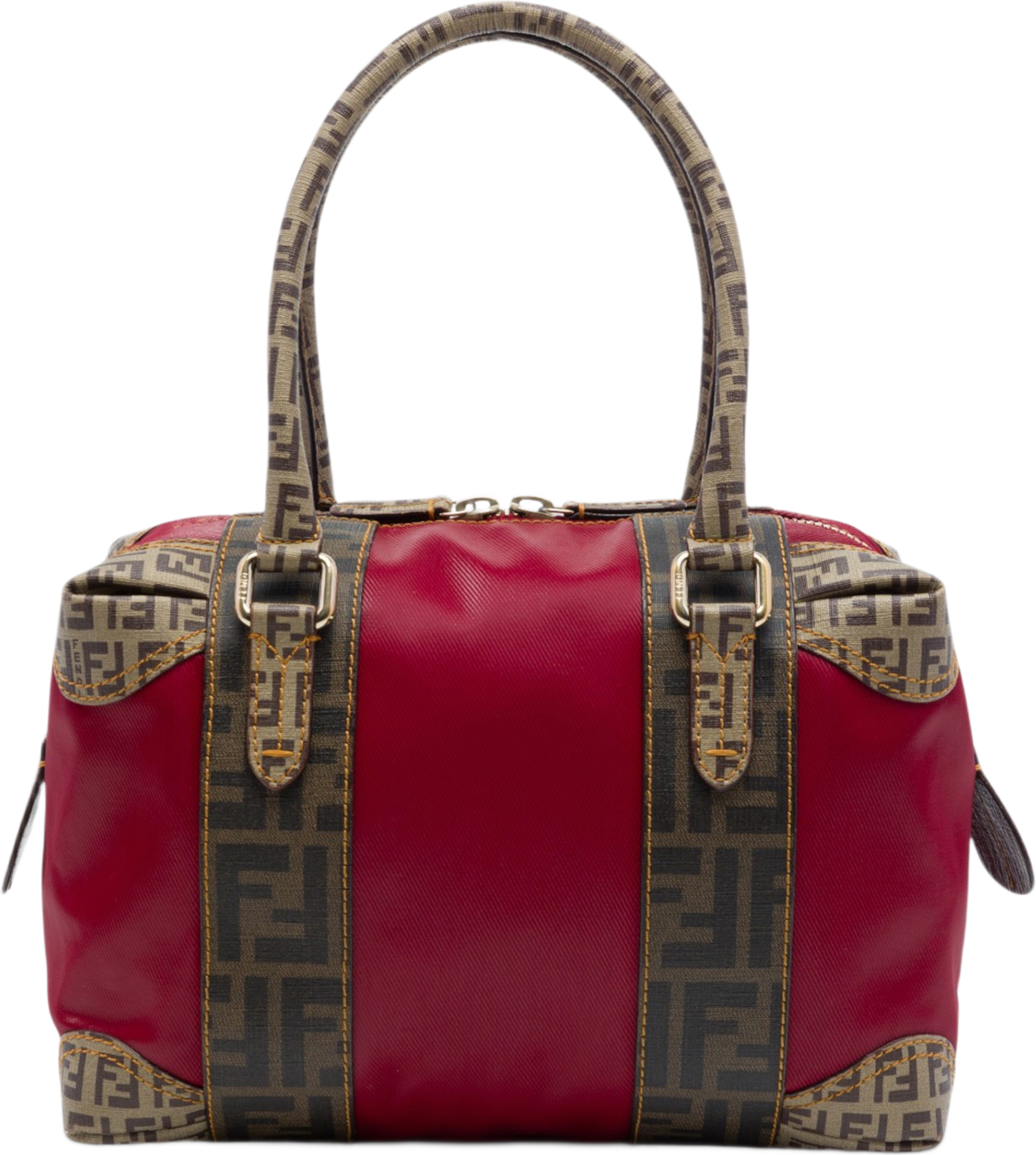 Fendi Zucca Trimmed Coated Canvas Mixed Media Boston Bag, från Luxclusif, i färgen röd. Klicka för att öppna bilden i stort format