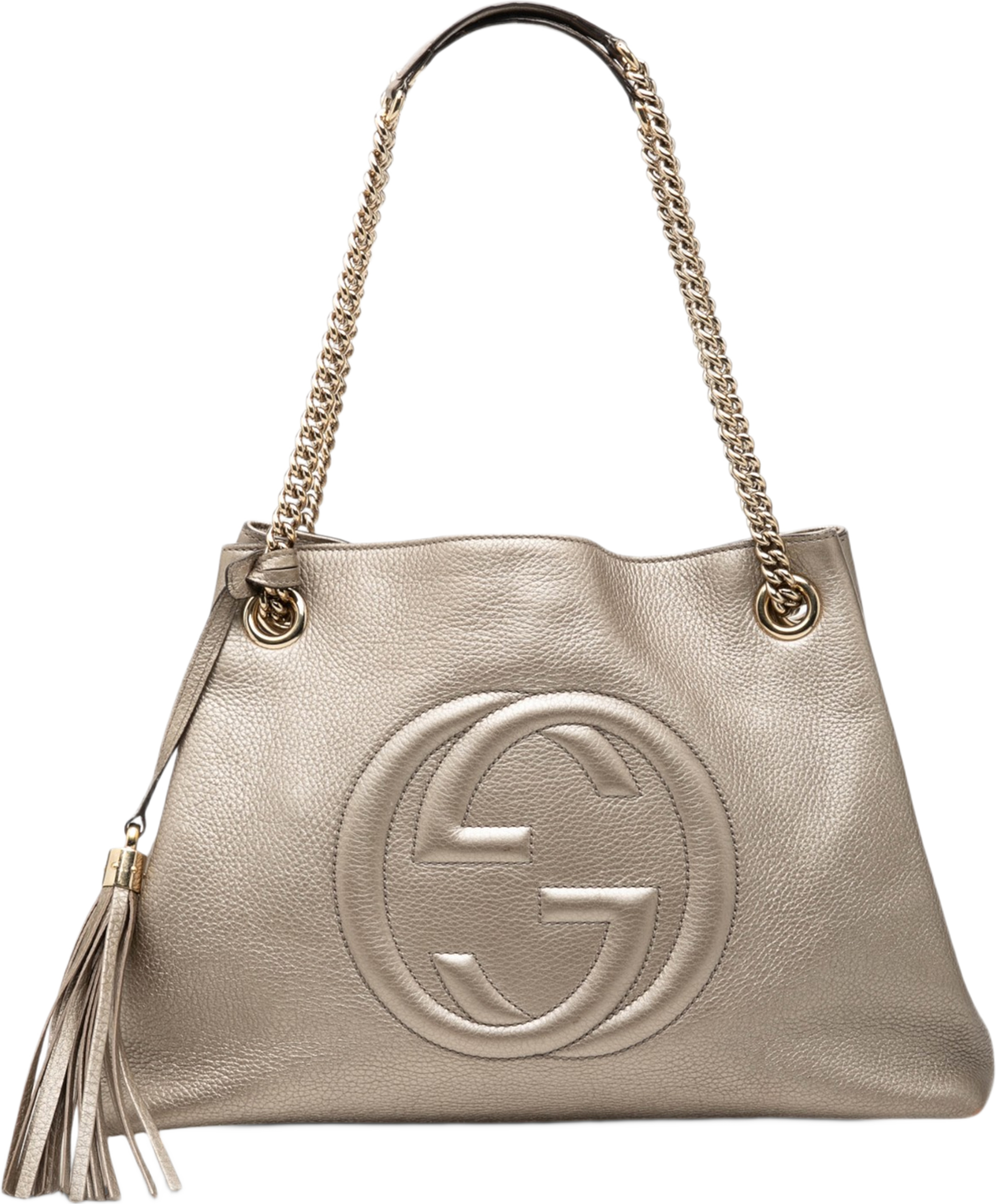Gucci Medium Metallic Calfskin Soho Chain Tote, från Luxclusif, i färgen light gold. Klicka för att öppna bilden i stort format