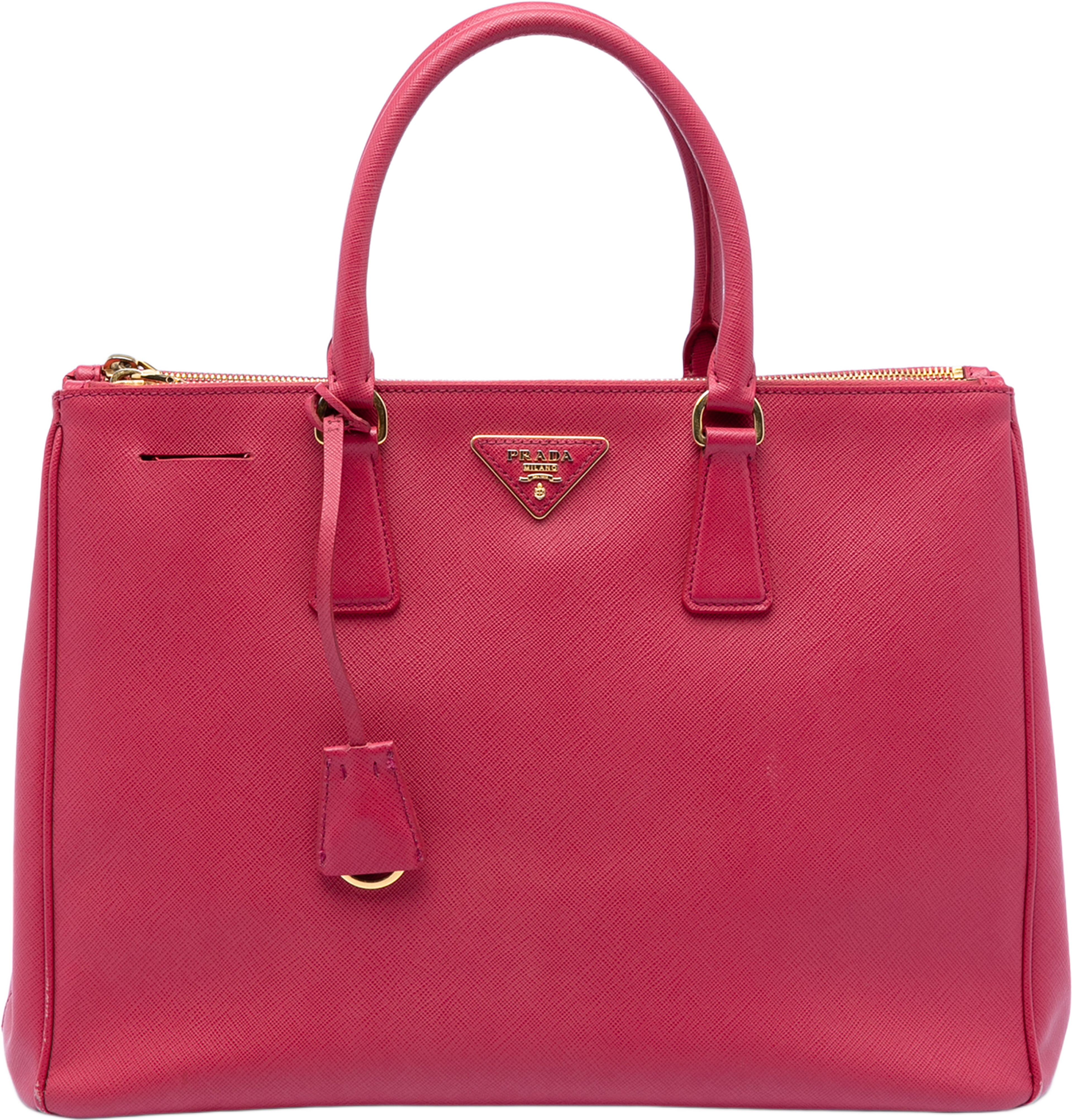 Prada Large Saffiano Lux Galleria Double Zip Satchel, från Luxclusif, i färgen dark pink. Klicka för att öppna bilden i stort format