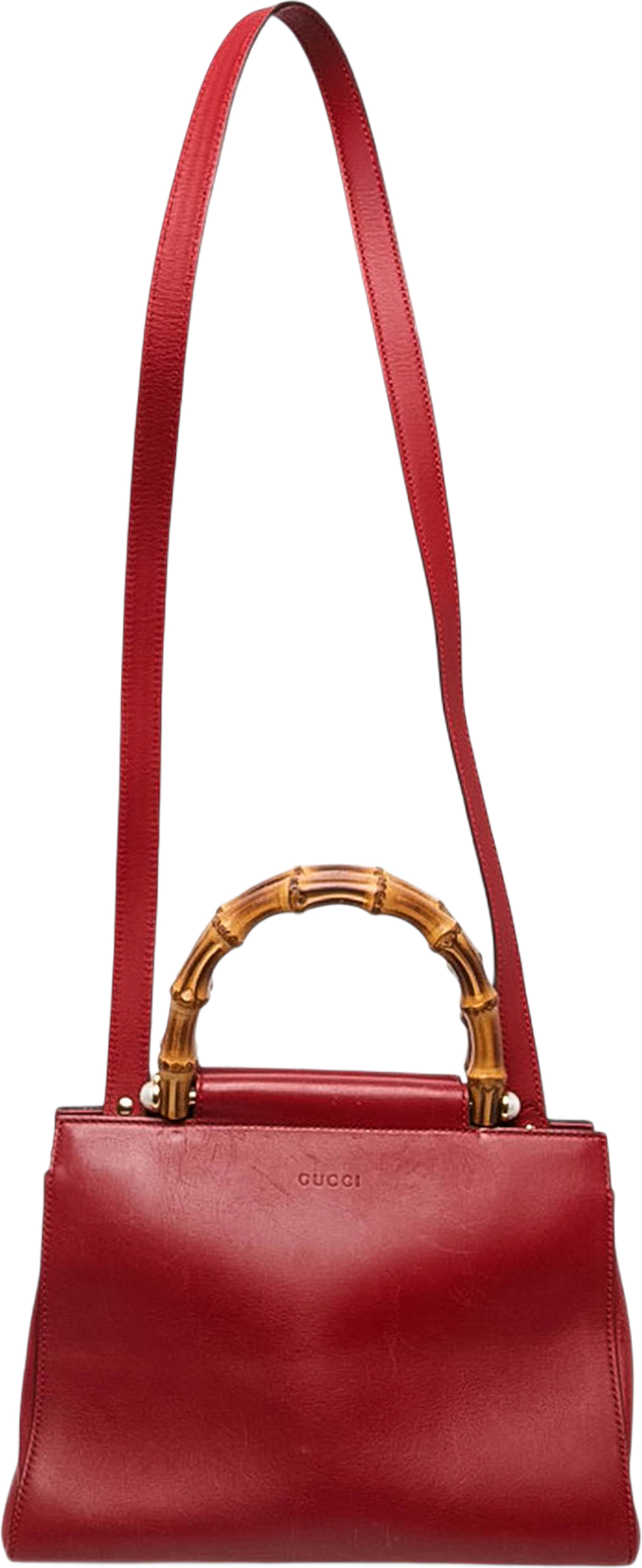 Gucci Small Calfskin Bamboo Nymphaea Satchel, från Luxclusif, i färgen röd. Klicka för att öppna bilden i stort format