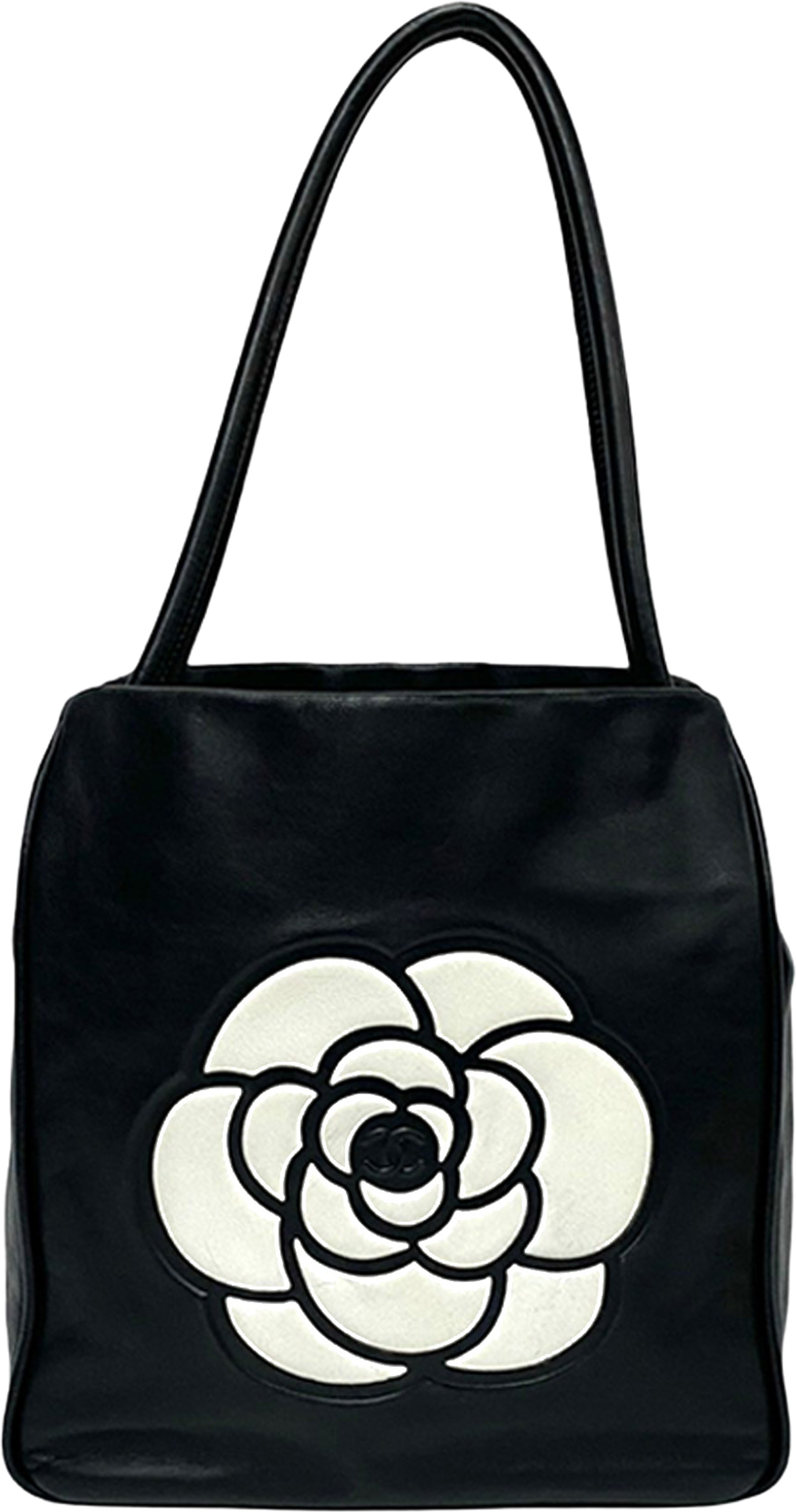 Chanel Lambskin Embossed Camellia Logo Tote, från Luxclusif, i färgen black. Klicka för att öppna bilden i stort format