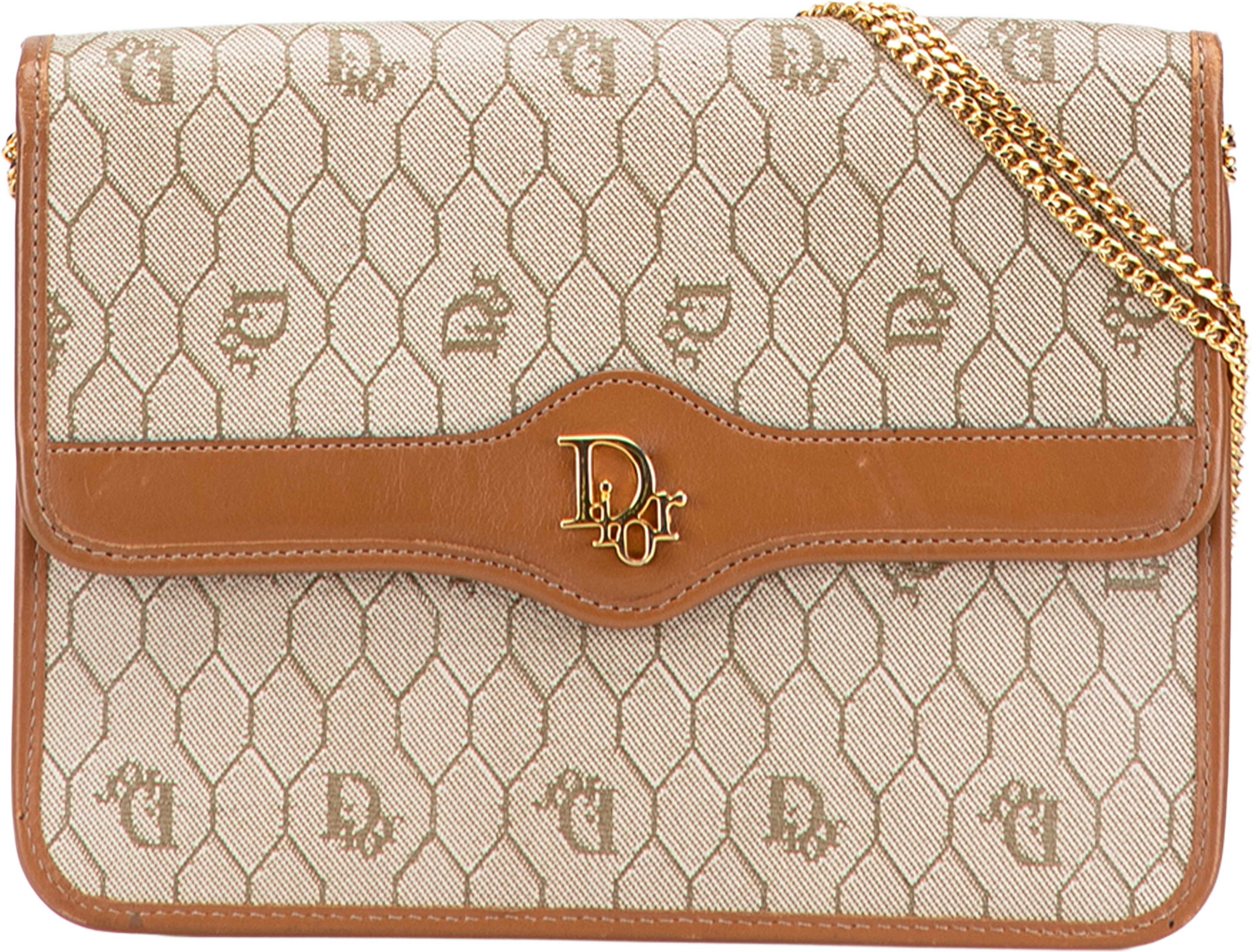 Dior Honeycomb Coated Canvas Chain Shoulder Bag, från Luxclusif, i färgen beige. Klicka för att öppna bilden i stort format