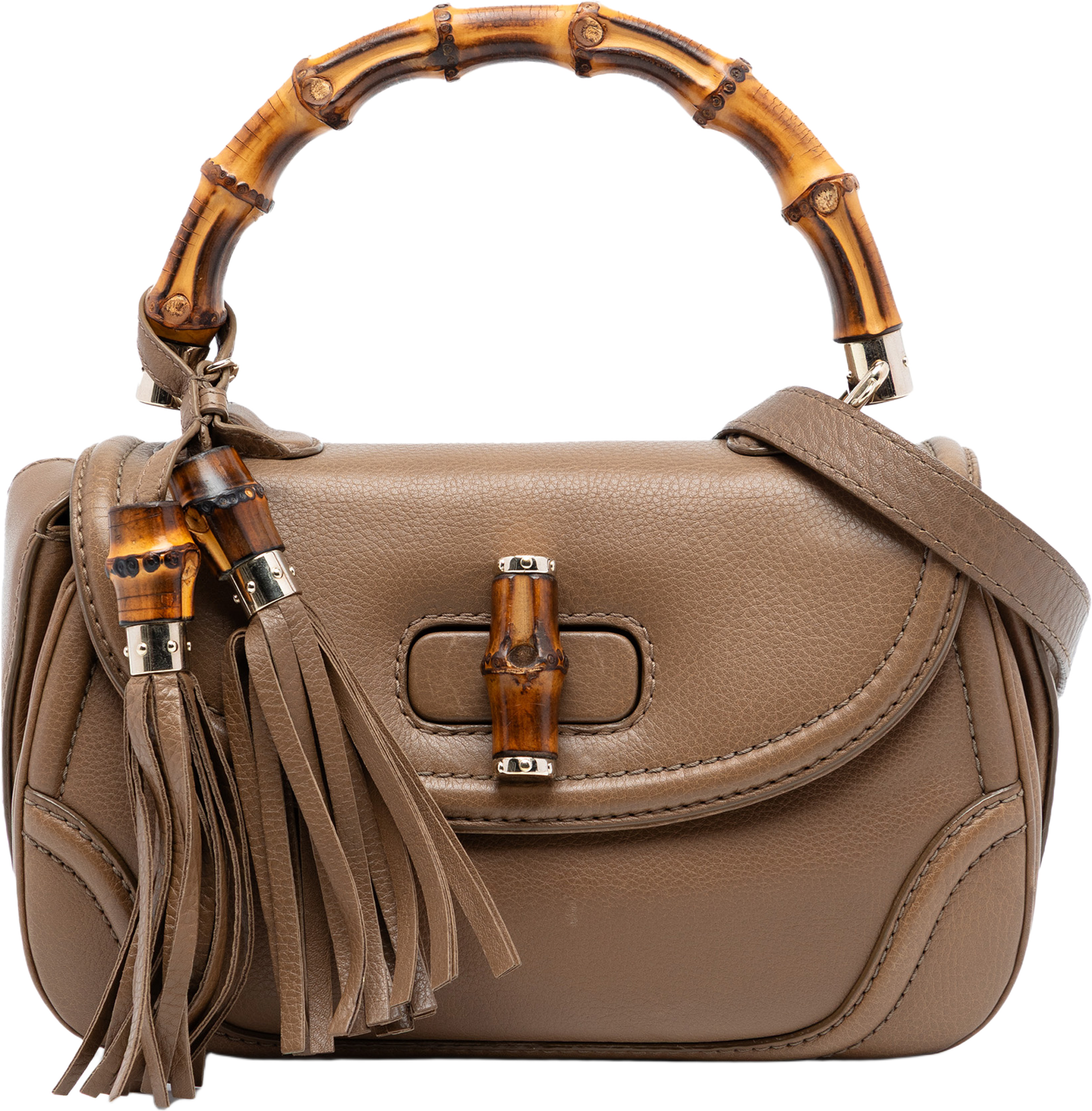 Gucci Medium Calfskin New Bamboo Top Handle Bag, från Luxclusif, i färgen brown. Klicka för att öppna bilden i stort format