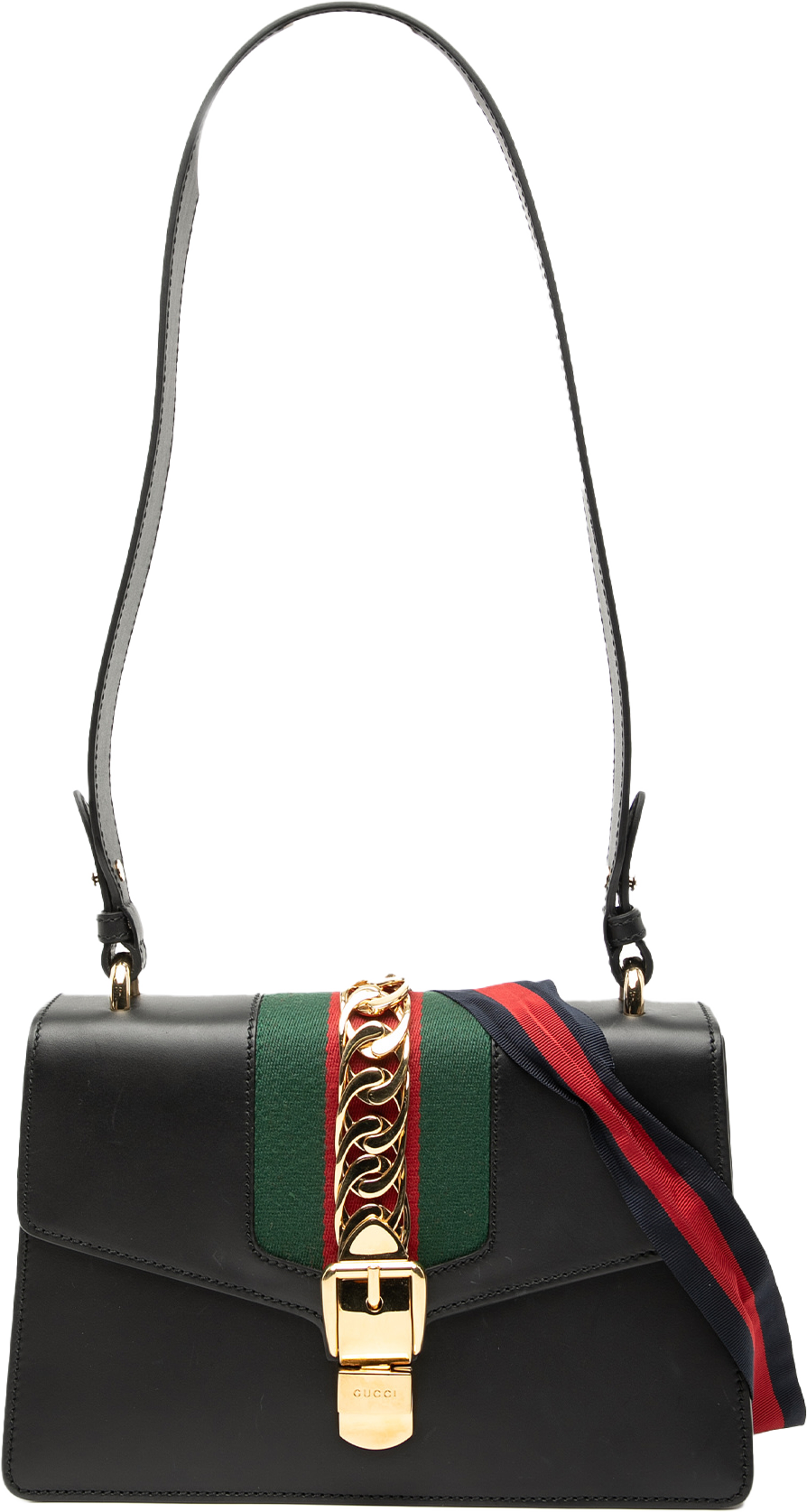 Gucci Small Leather Sylvie Web Satchel, från Luxclusif, i färgen black. Klicka för att öppna bilden i stort format