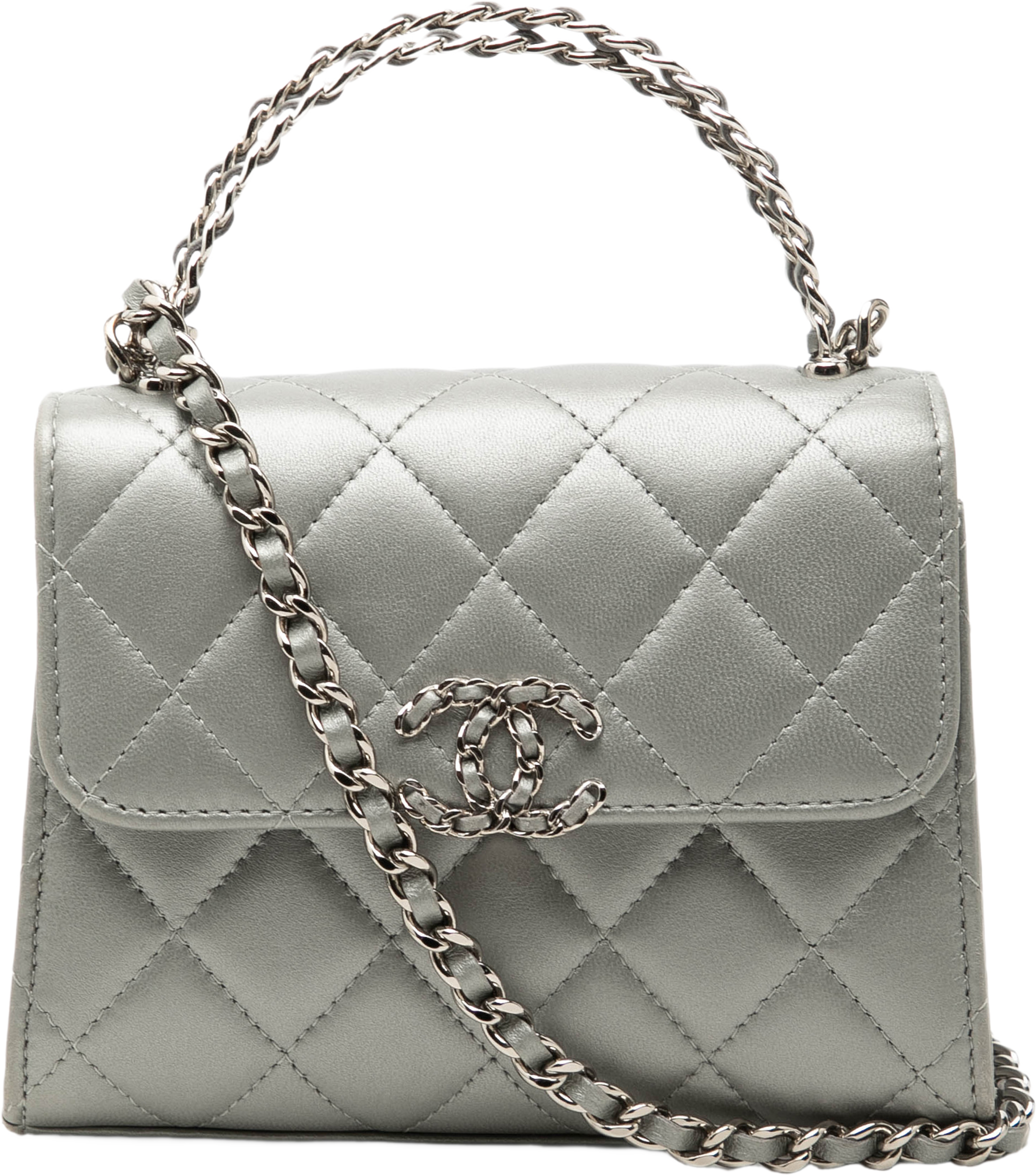 Chanel Mini Cc Metallic Lambskin Top Handle Clutch With Chain, från Luxclusif, i färgen silver. Klicka för att öppna bilden i stort format