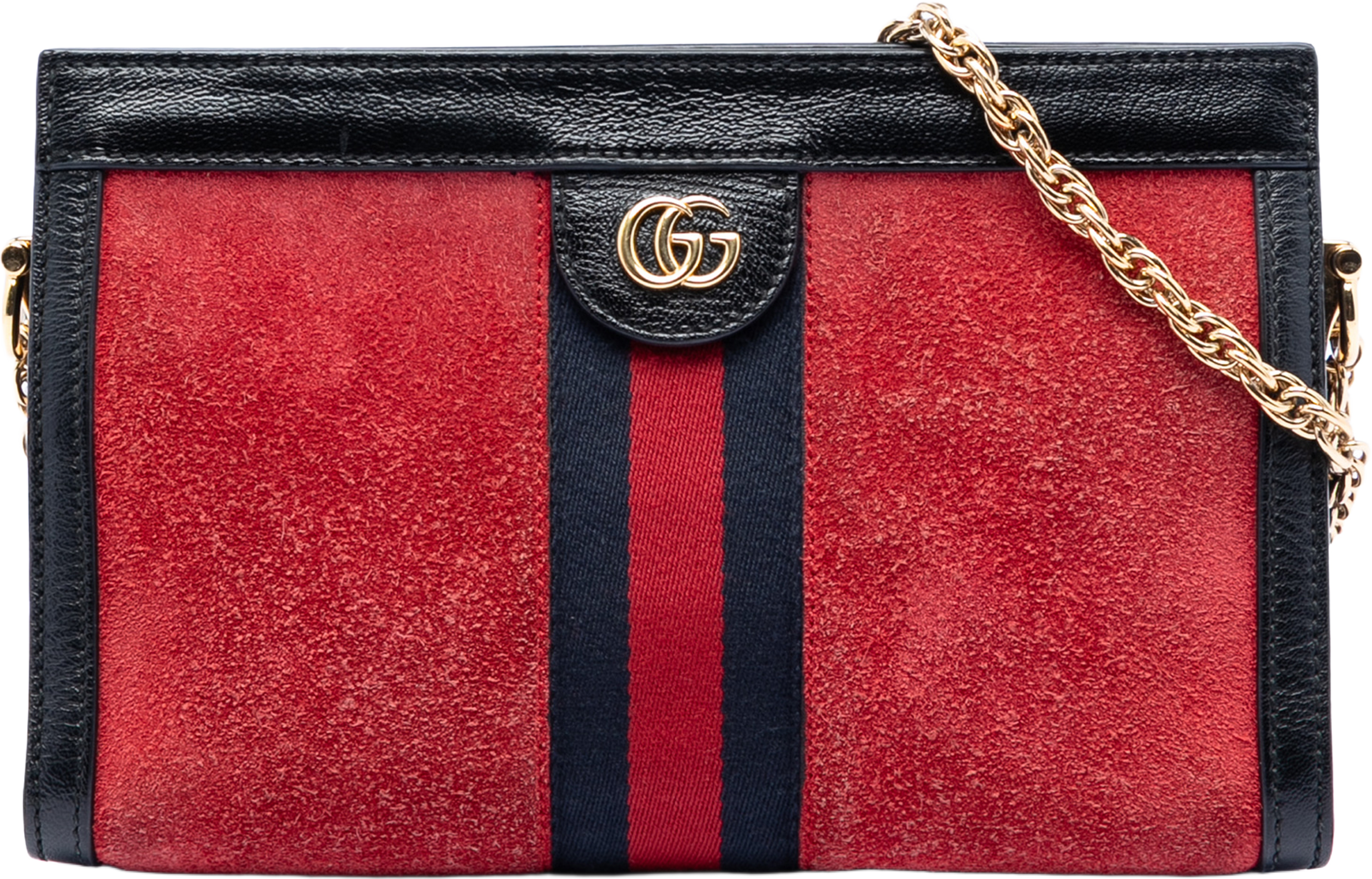 Gucci Small Suede Ophidia Chain Crossbody, från Luxclusif, i färgen red. Klicka för att öppna bilden i stort format