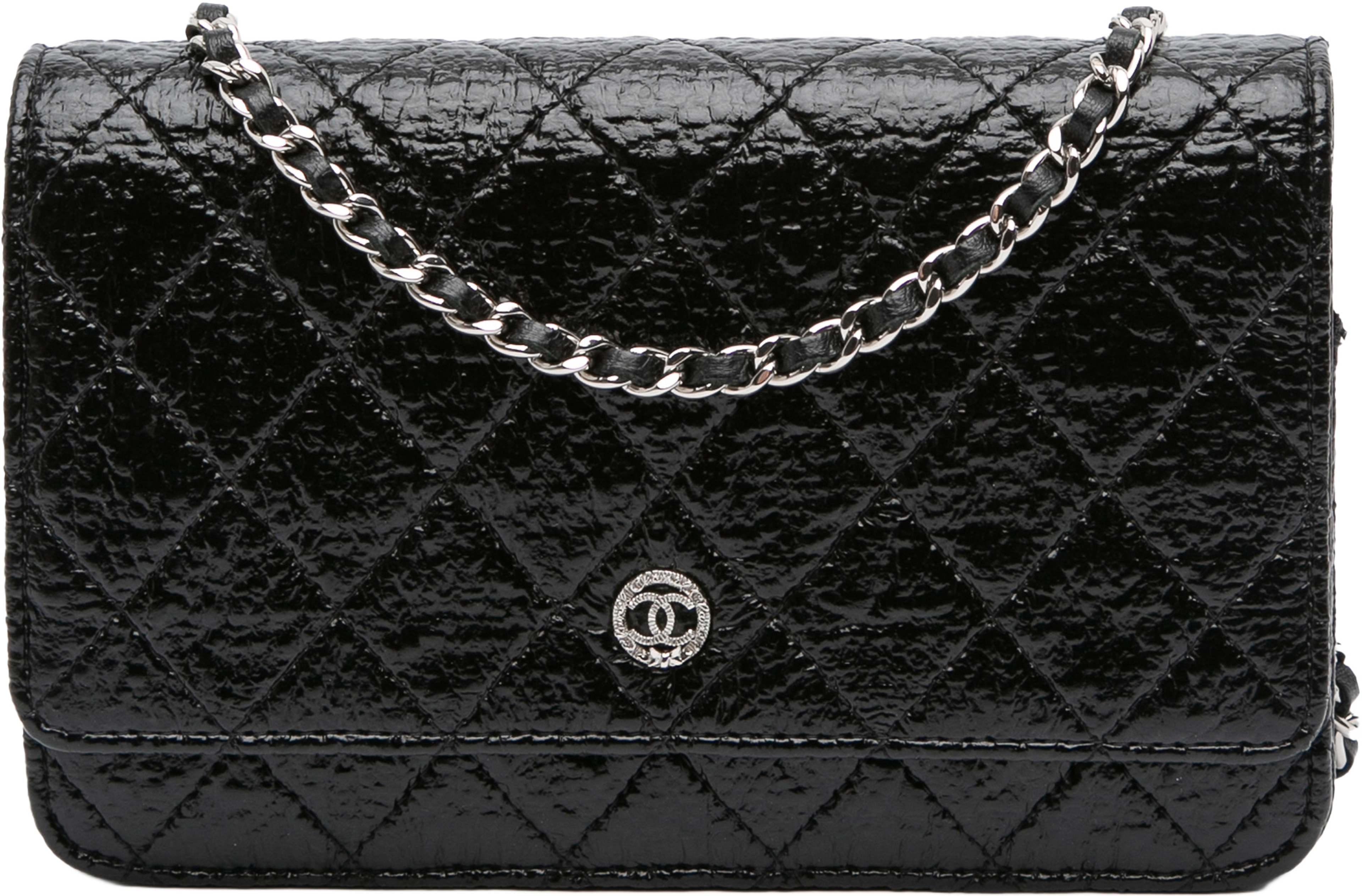 Chanel Cc Quilted Crinkled Patent Wallet On Chain