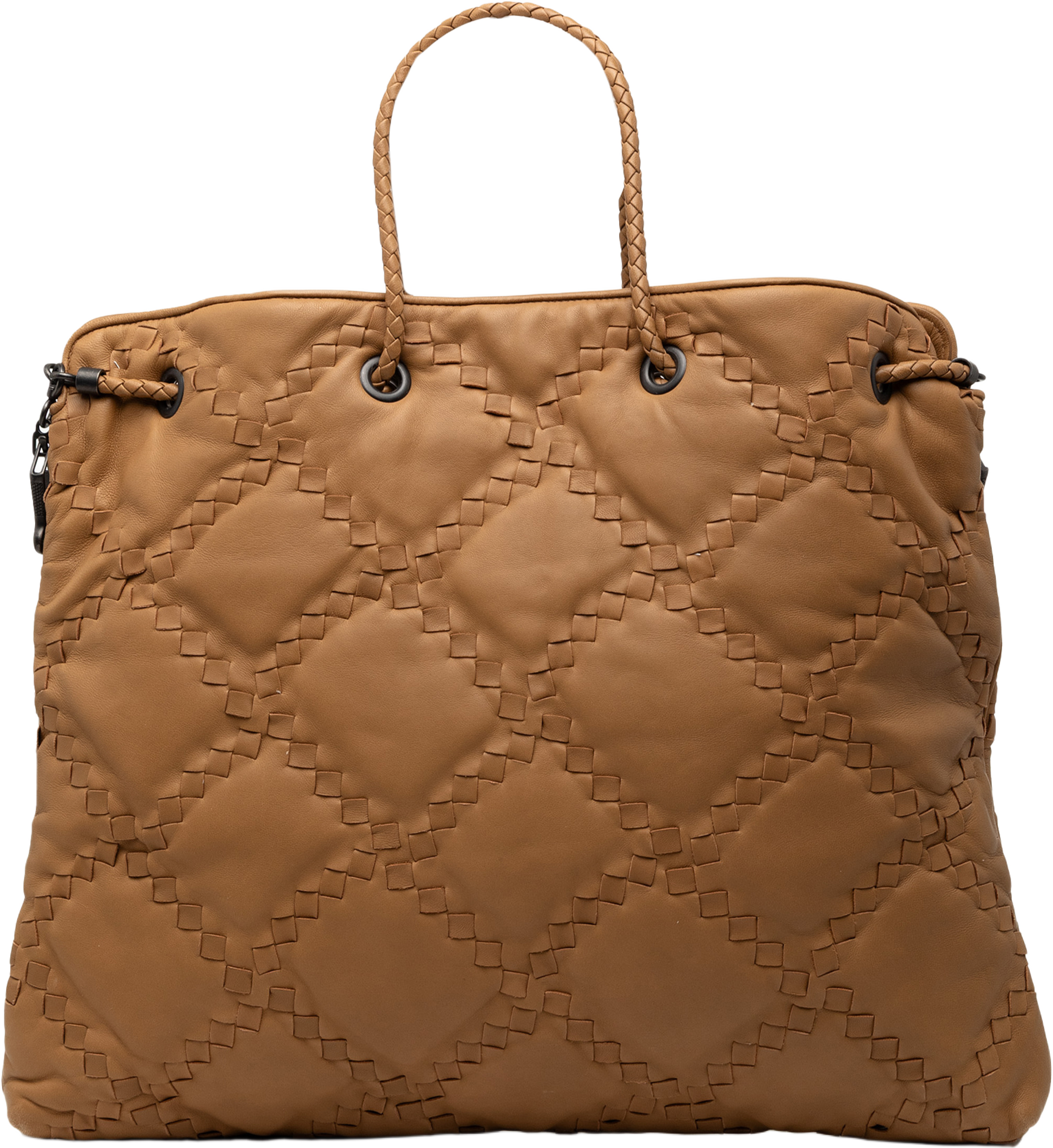 Bottega Veneta Intrecciato Trimmed Leather Croisette Drawstring Tote, från Luxclusif, i färgen brown. Klicka för att öppna bilden i stort format