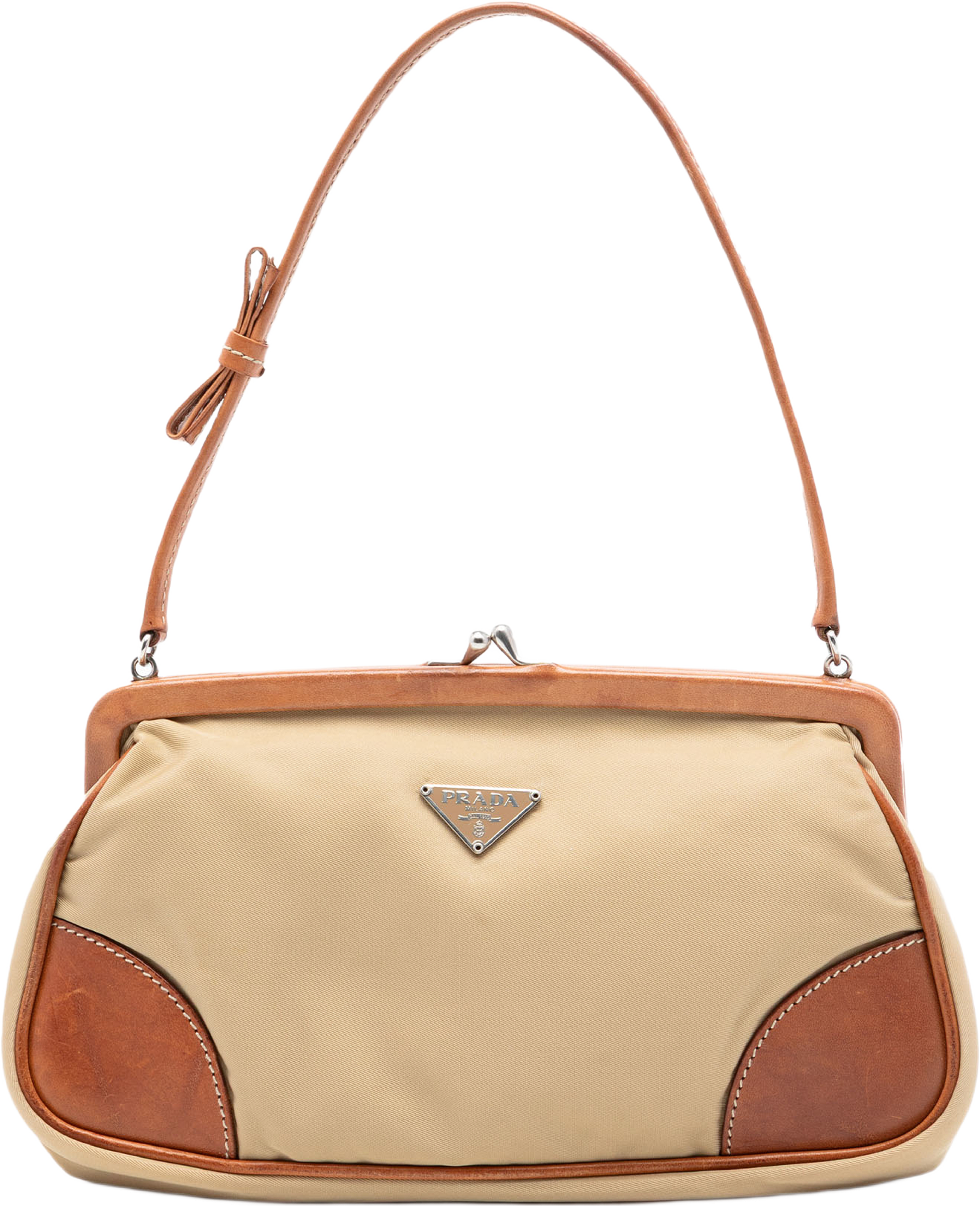 Prada Leather Trimmed Tessuto Kisslock Frame Pochette, från Luxclusif, i färgen beige. Klicka för att öppna bilden i stort format