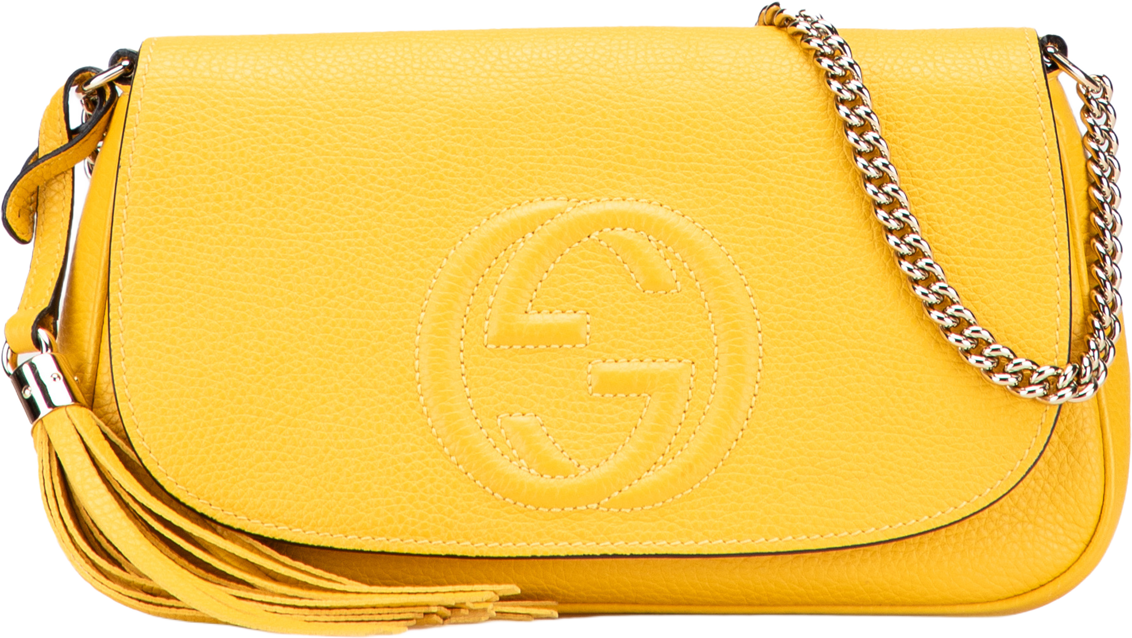 Gucci Medium Leather Soho Chain Flap Crossbody, från Luxclusif, i färgen yellow. Klicka för att öppna bilden i stort format