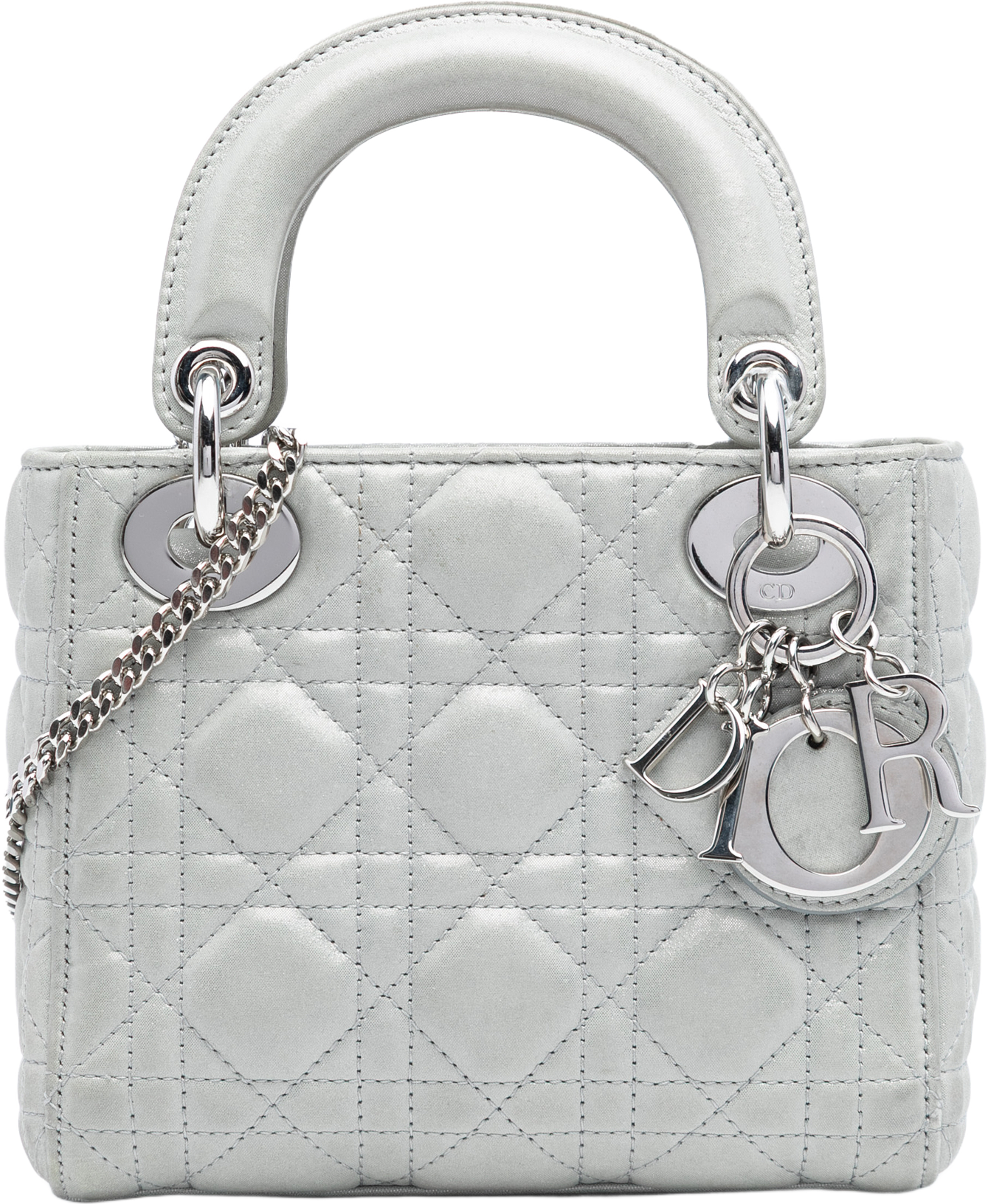 Dior Mini Iridescent Lambskin Cannage Lady Dior, från Luxclusif, i färgen silver. Klicka för att öppna bilden i stort format