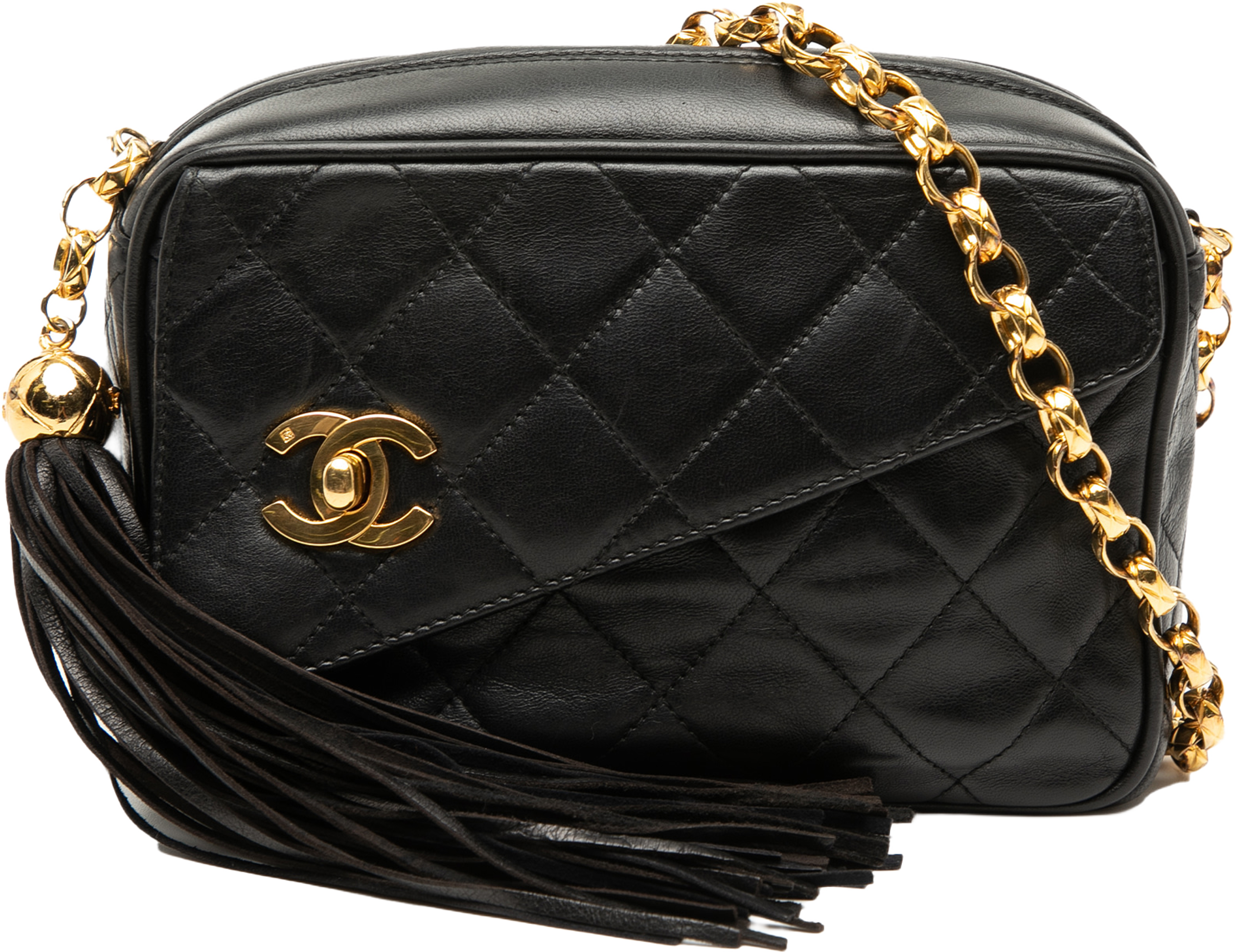 Chanel Mini Cc Quilted Lambskin Tassel Camera Bag, från Luxclusif, i färgen black. Klicka för att öppna bilden i stort format