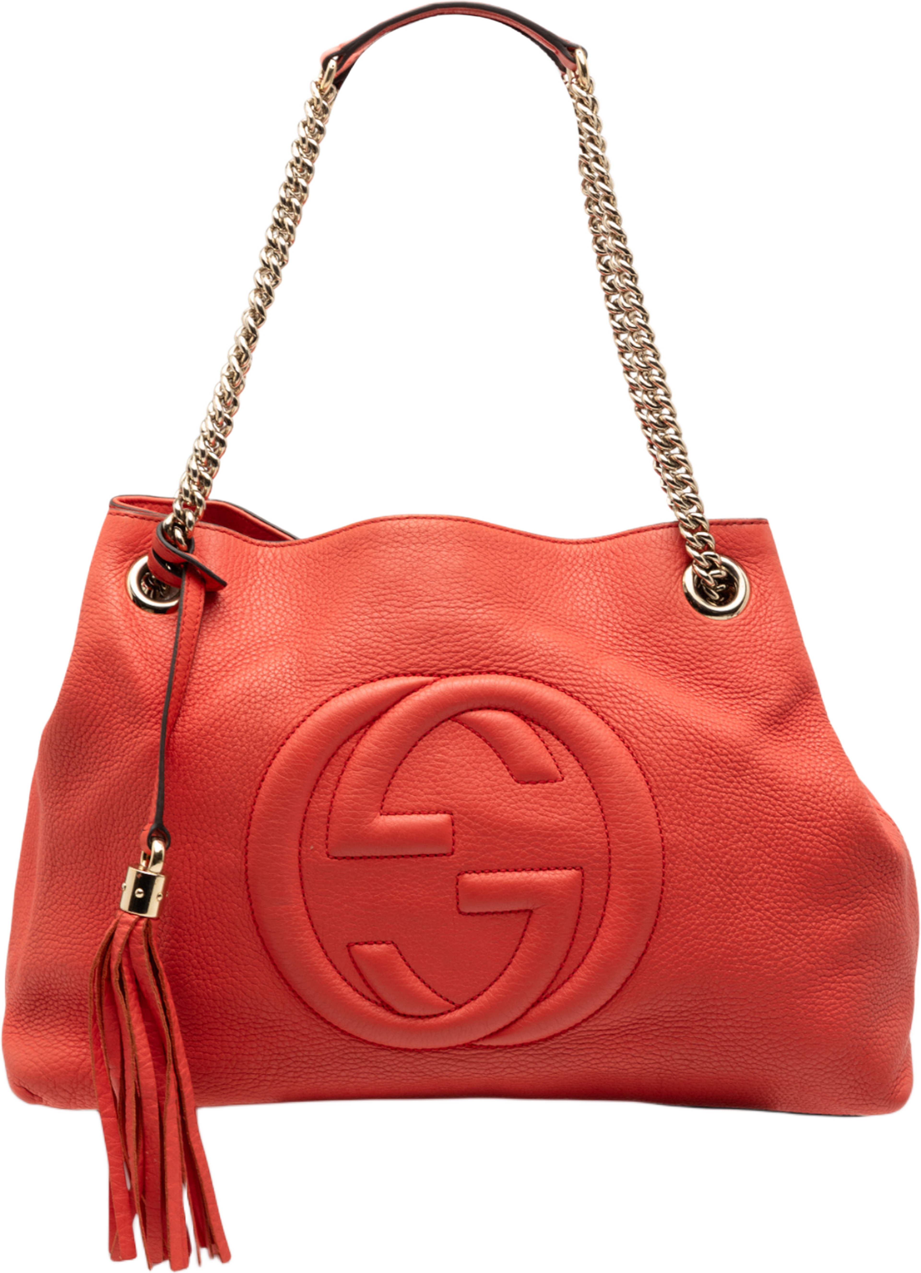 Gucci Medium Leather Soho Chain Tote, från Luxclusif, i färgen dark orange. Klicka för att öppna bilden i stort format