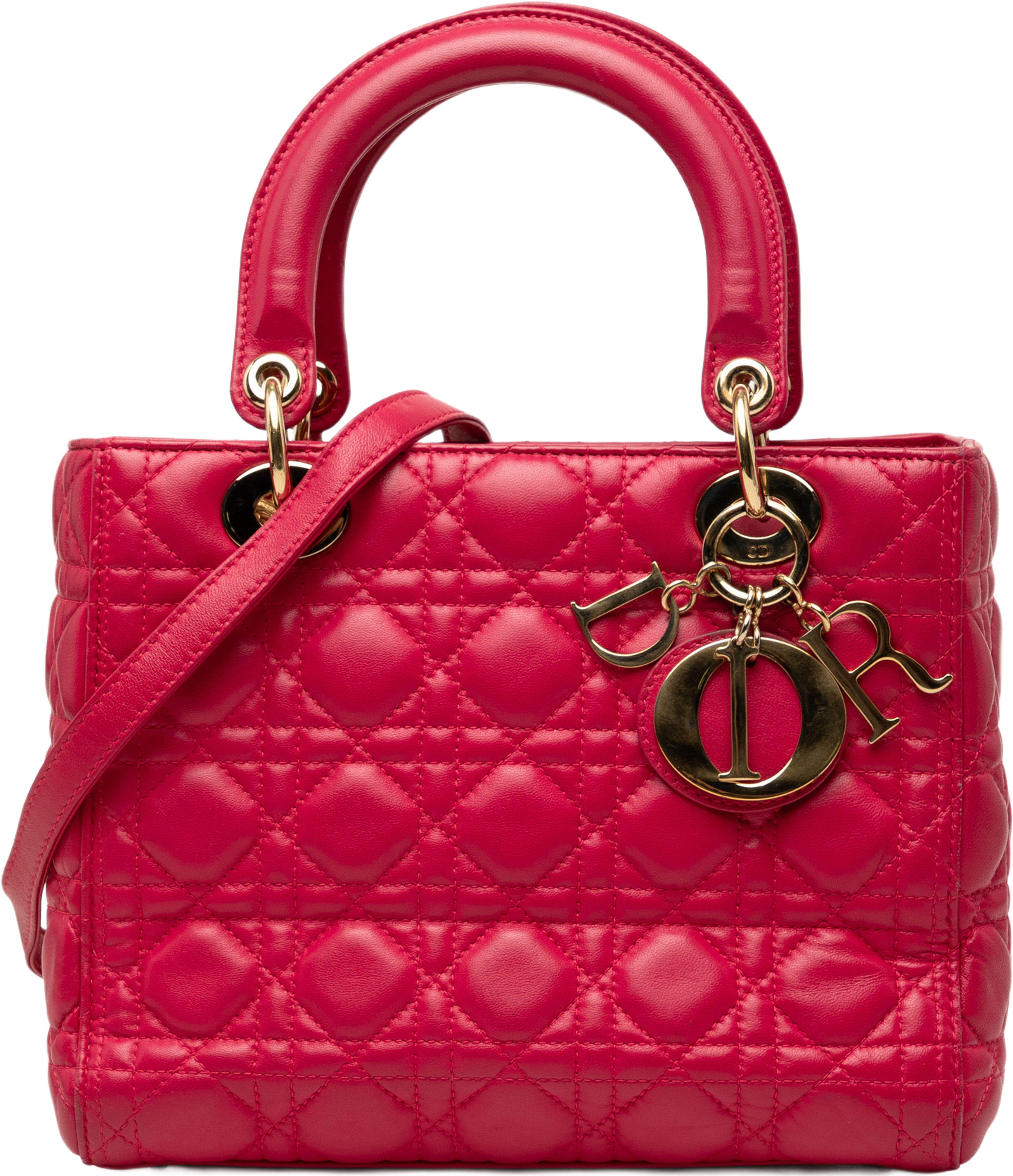 Dior Medium Lambskin Cannage Lady Dior, från Luxclusif, i färgen röd. Klicka för att öppna bilden i stort format