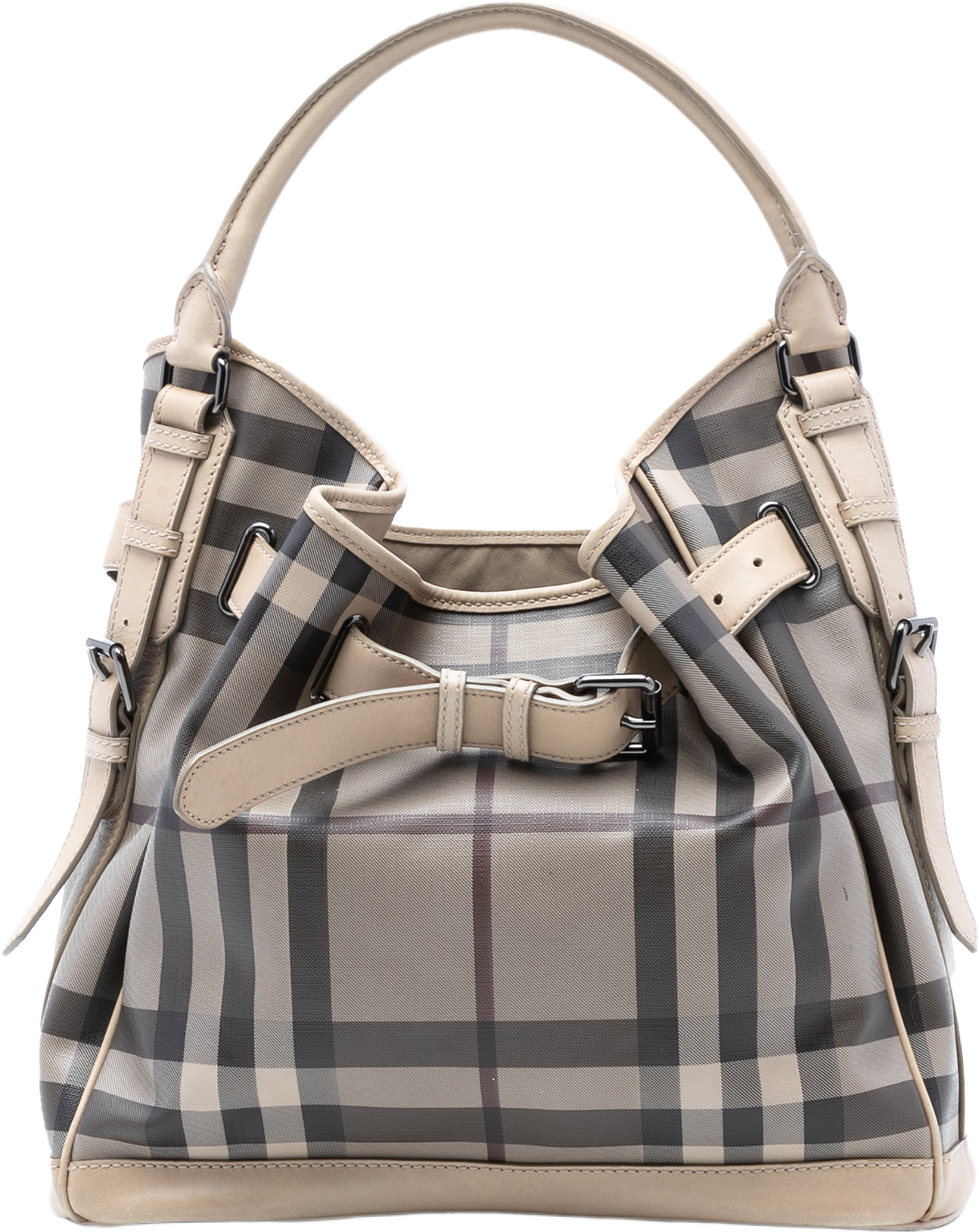 Burberry Medium Smoke Check Coated Canvas Walden Belted Hobo, från Luxclusif, i färgen light brown. Klicka för att öppna bilden i stort format