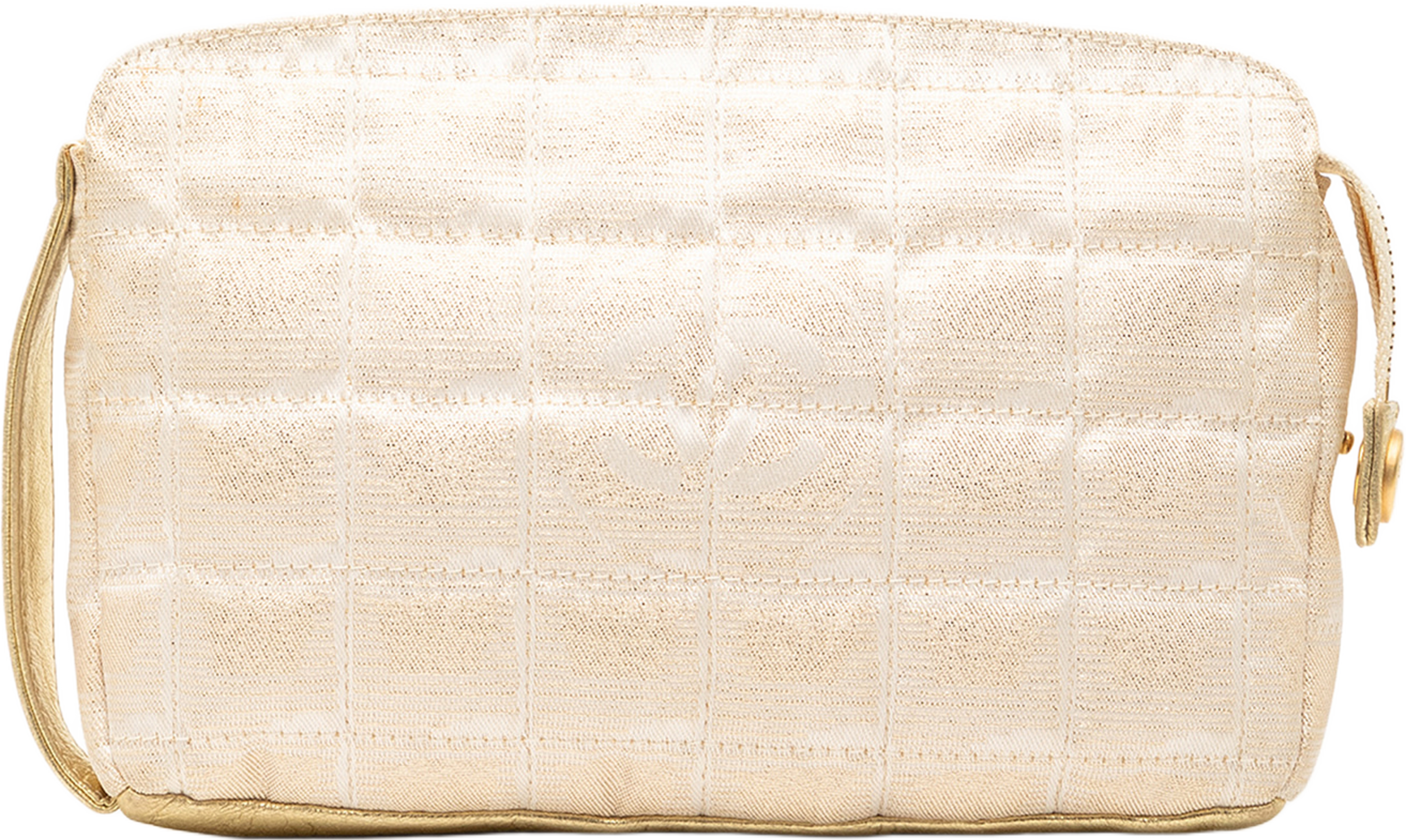 Chanel New Travel Line Canvas Pouch, från Luxclusif, i färgen beige. Klicka för att öppna bilden i stort format