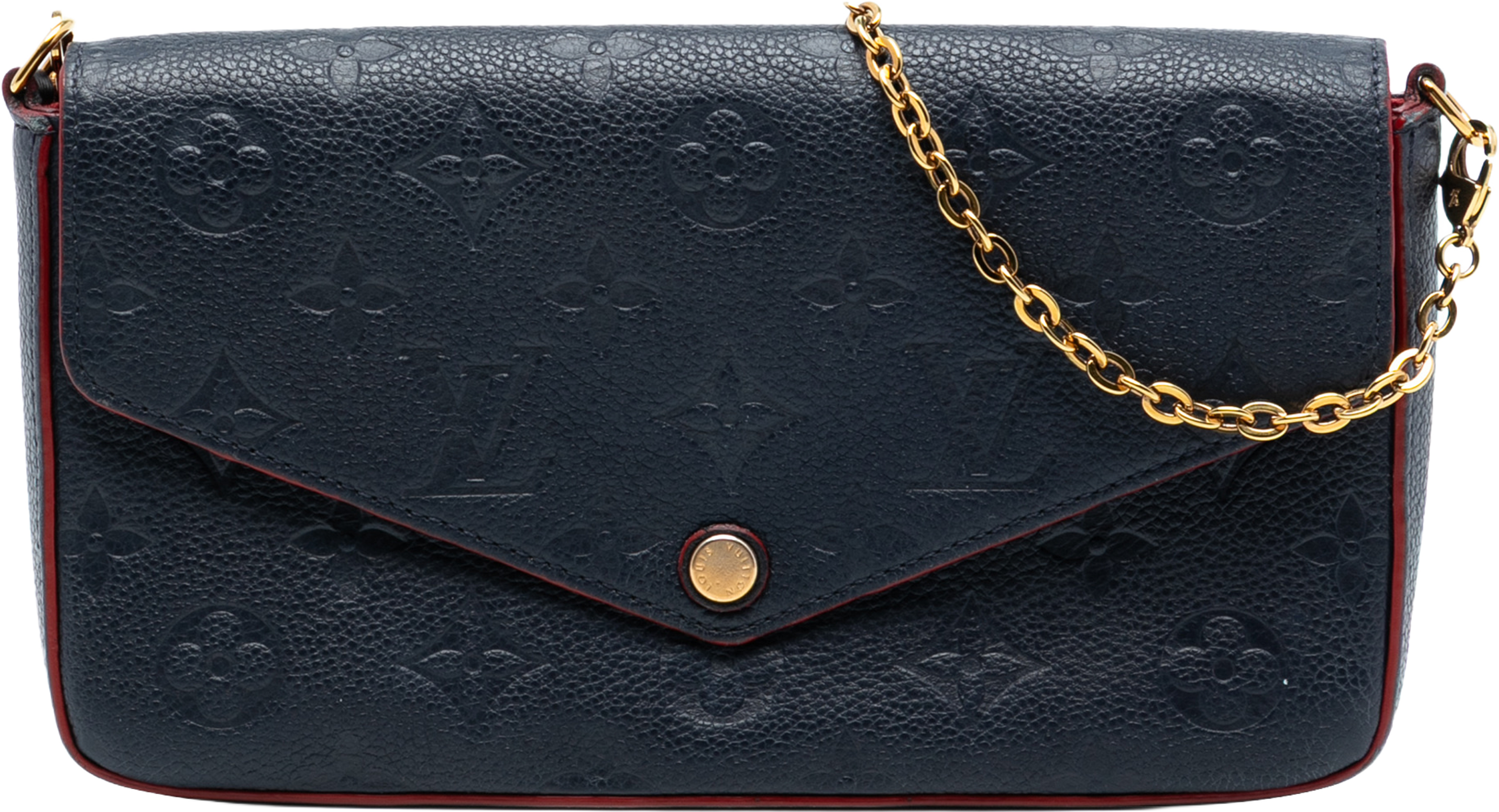 Louis Vuitton Monogram Empreinte Pochette Felicie, från Luxclusif, i färgen navy. Klicka för att öppna bilden i stort format