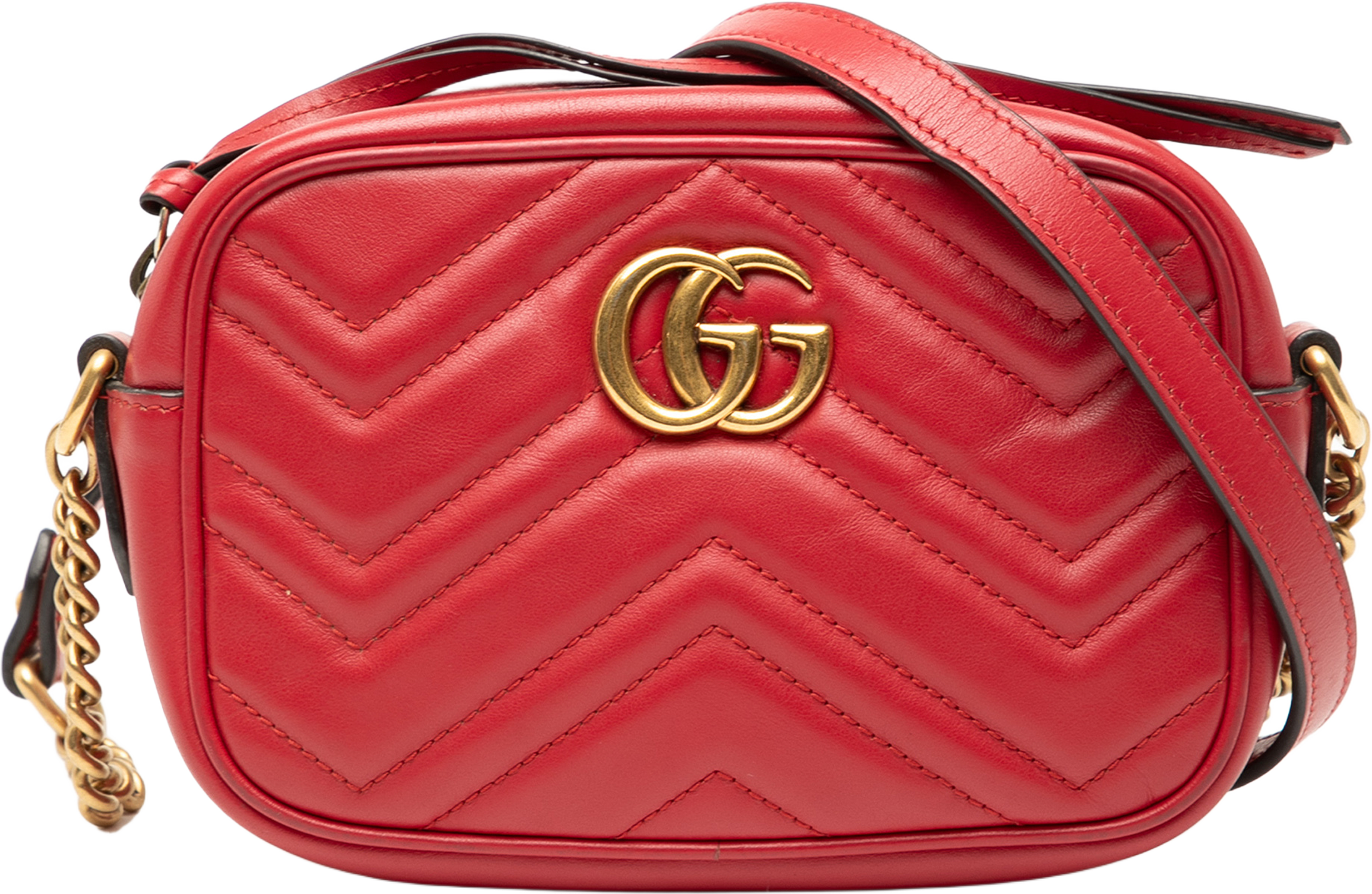 Gucci Mini Gg Marmont Matelasse Leather Crossbody, från Luxclusif, i färgen red. Klicka för att öppna bilden i stort format
