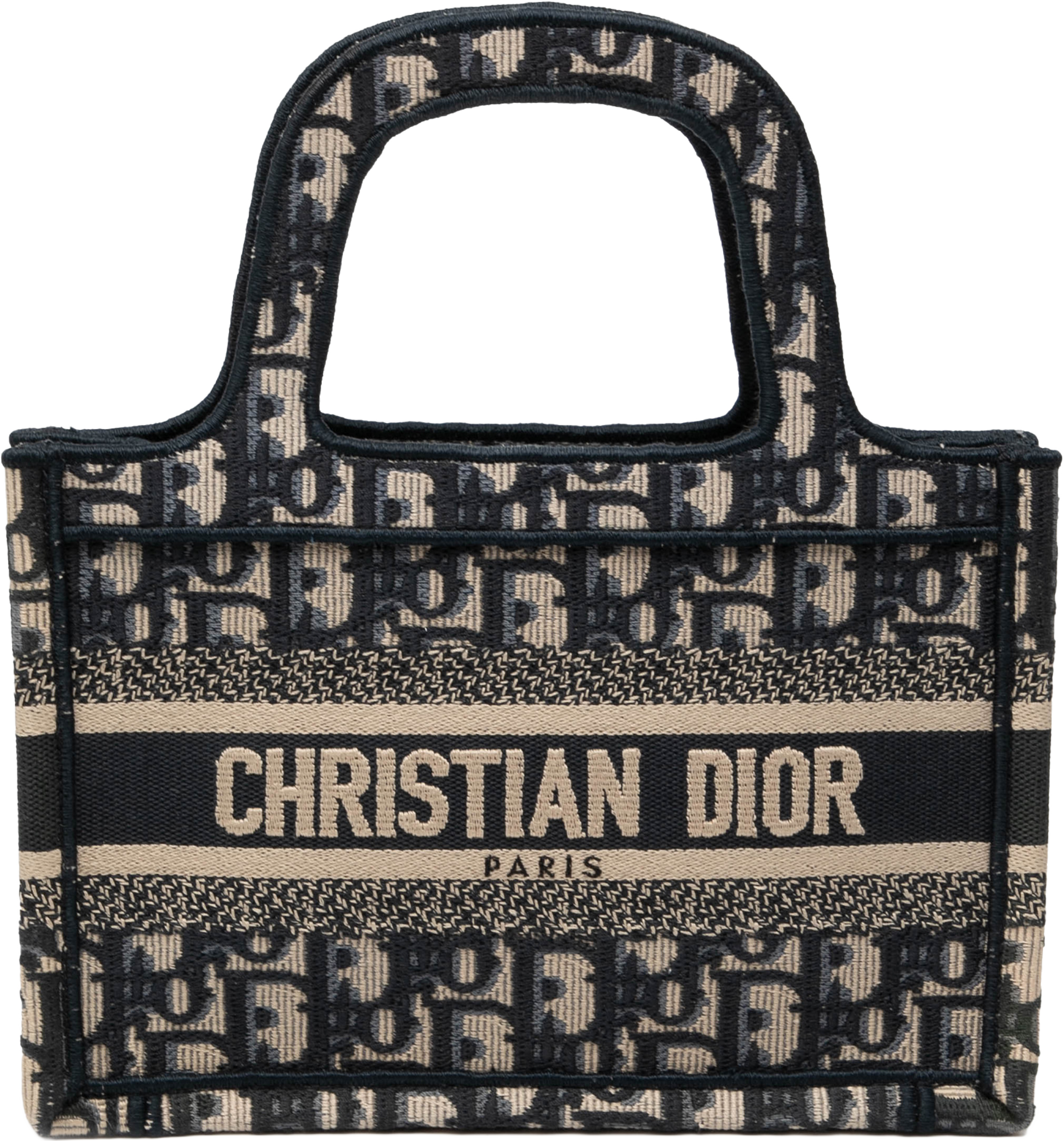 Dior Mini Oblique Canvas Book Tote, från Luxclusif, i färgen navy. Klicka för att öppna bilden i stort format