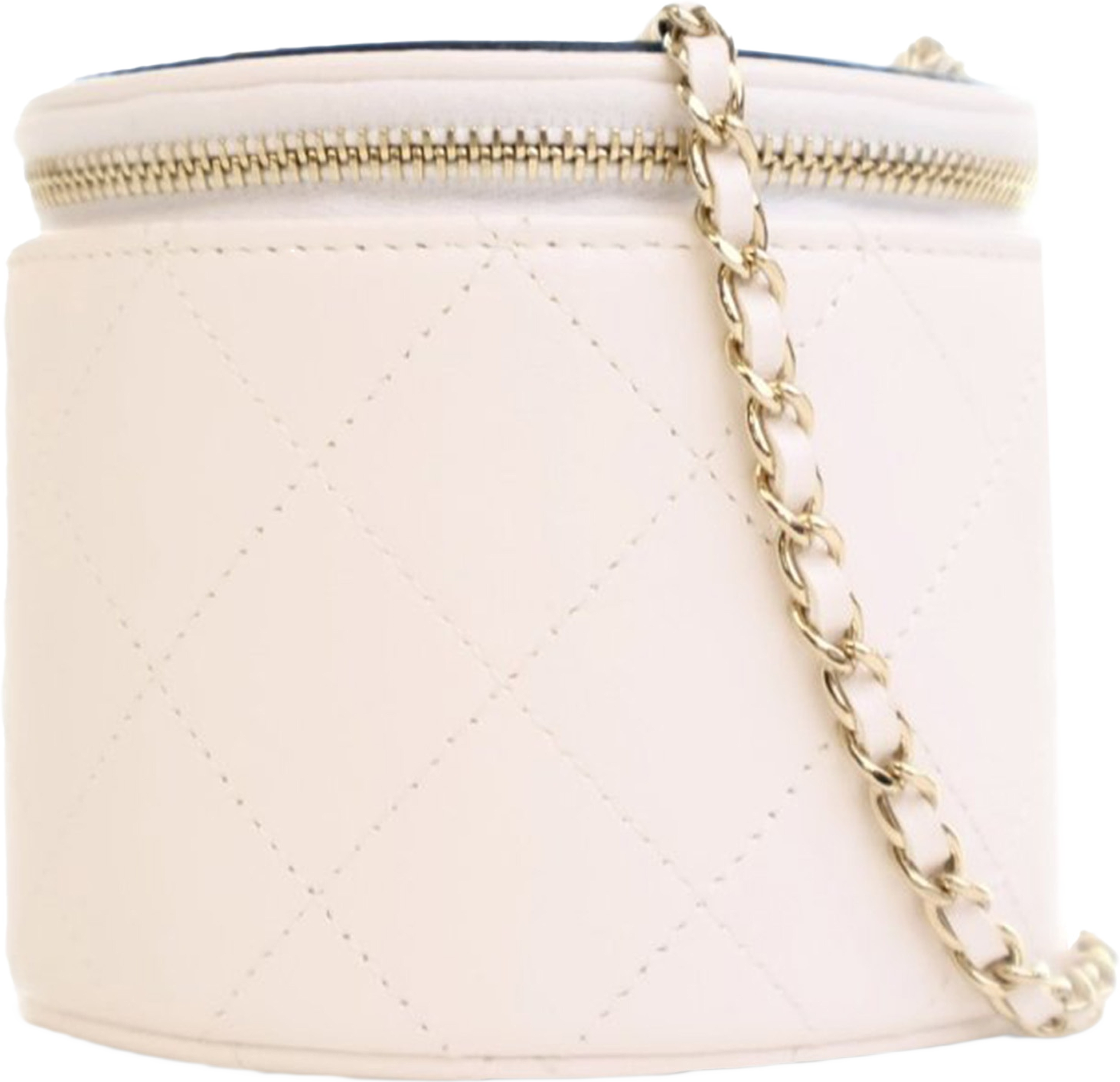 Chanel Cc Lambskin Round Vanity Case, från Luxclusif, i färgen white.