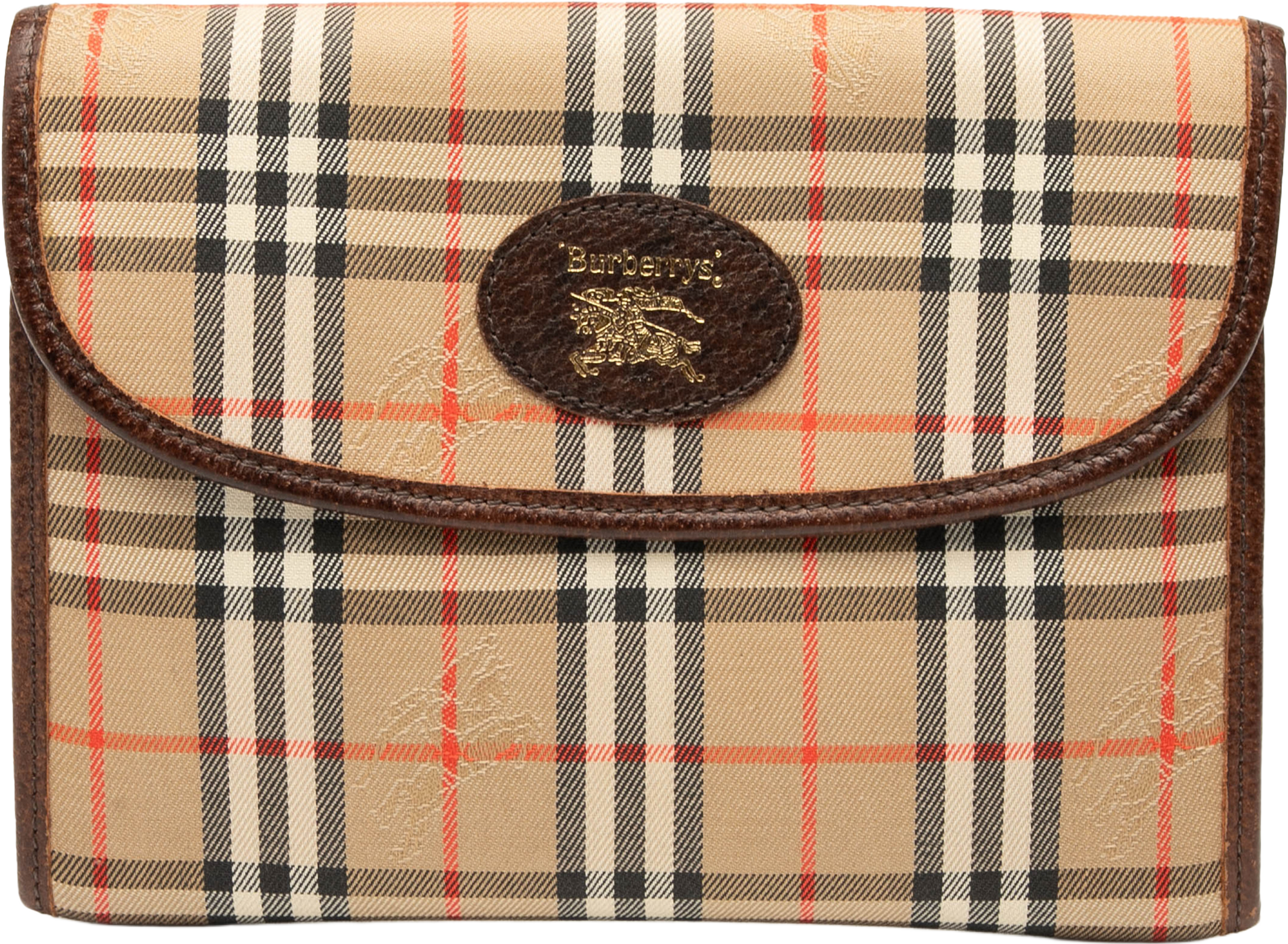 Burberry Haymarket Check Canvas Pouch, från Luxclusif, i färgen beige. Klicka för att öppna bilden i stort format