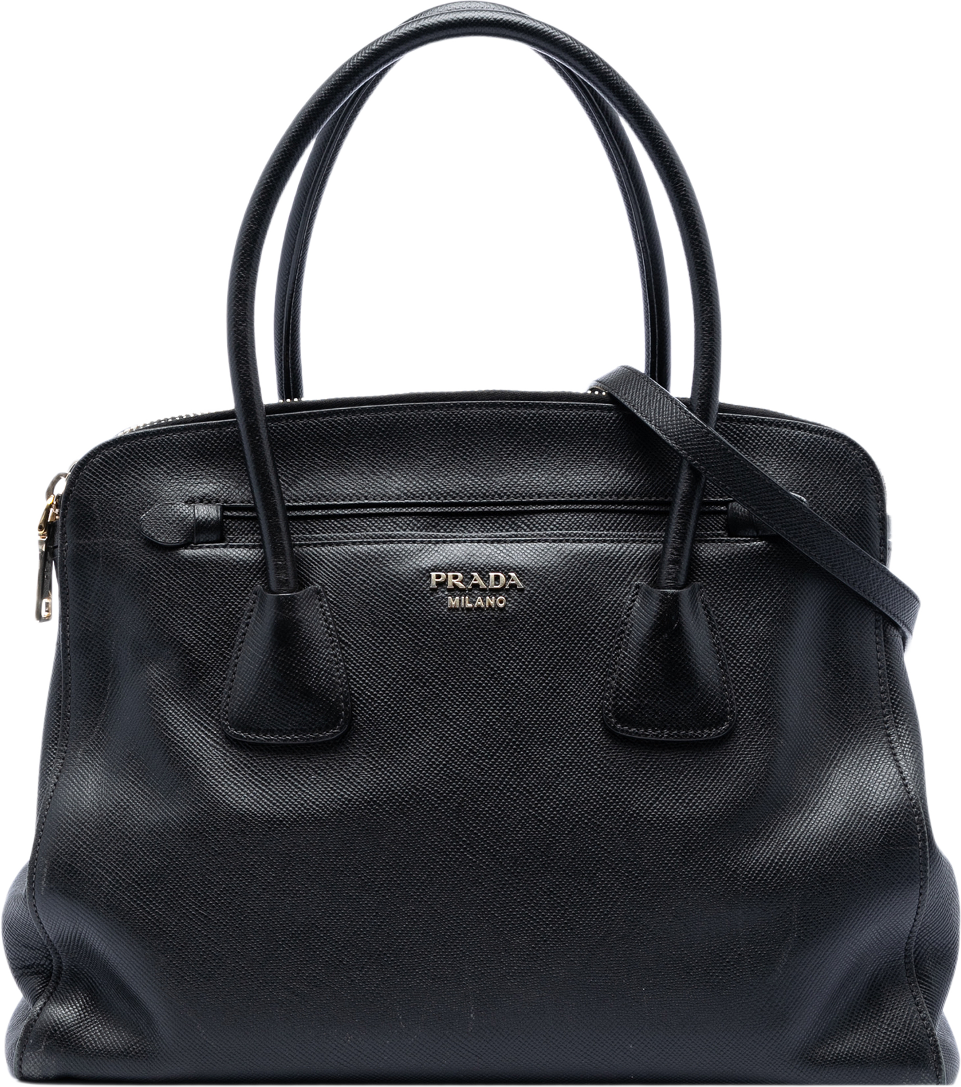 Prada Large Saffiano Cuir Double Zip Top Handle Bag, från Luxclusif, i färgen black. Klicka för att öppna bilden i stort format