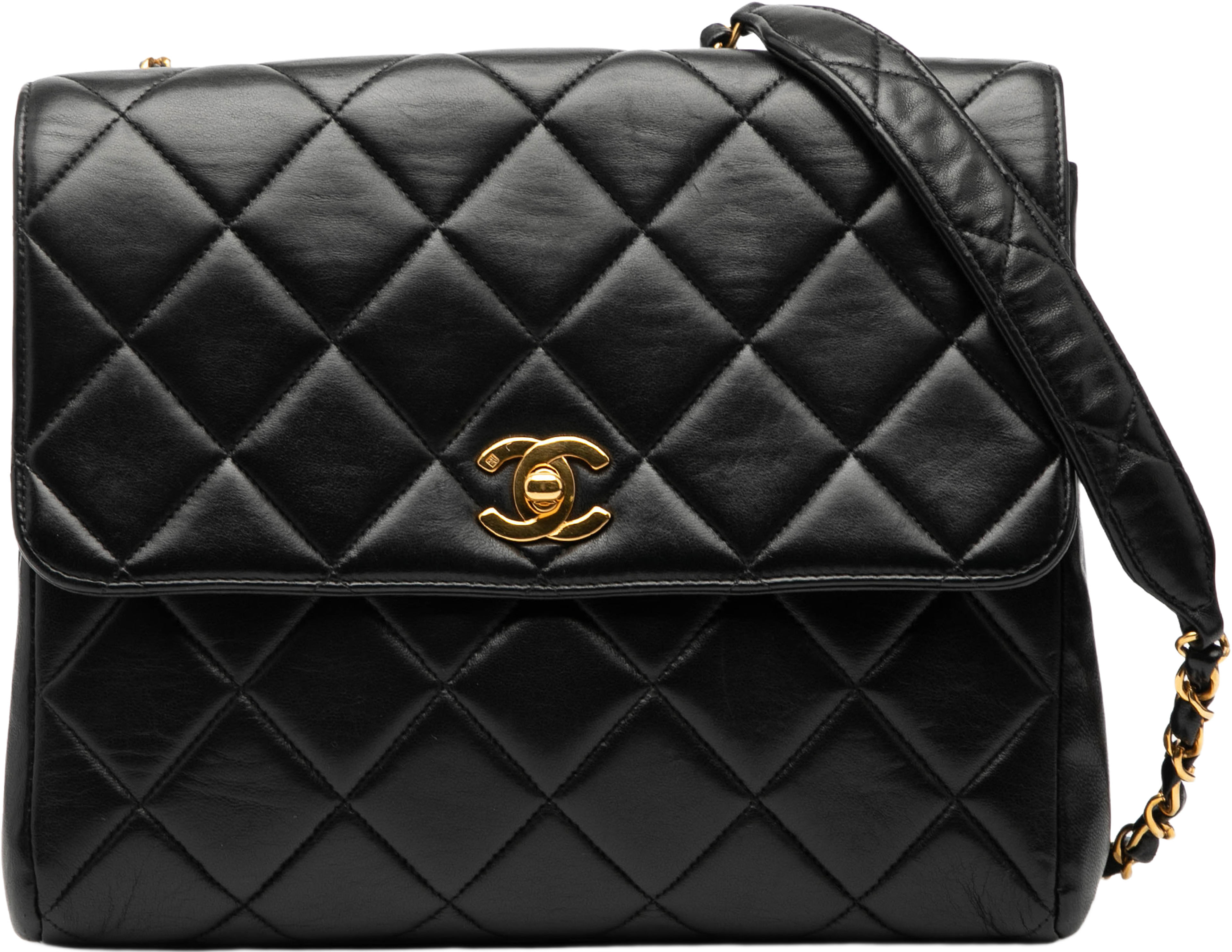 Chanel Small Square Lambskin Straight Single Flap, från Luxclusif, i färgen black. Klicka för att öppna bilden i stort format