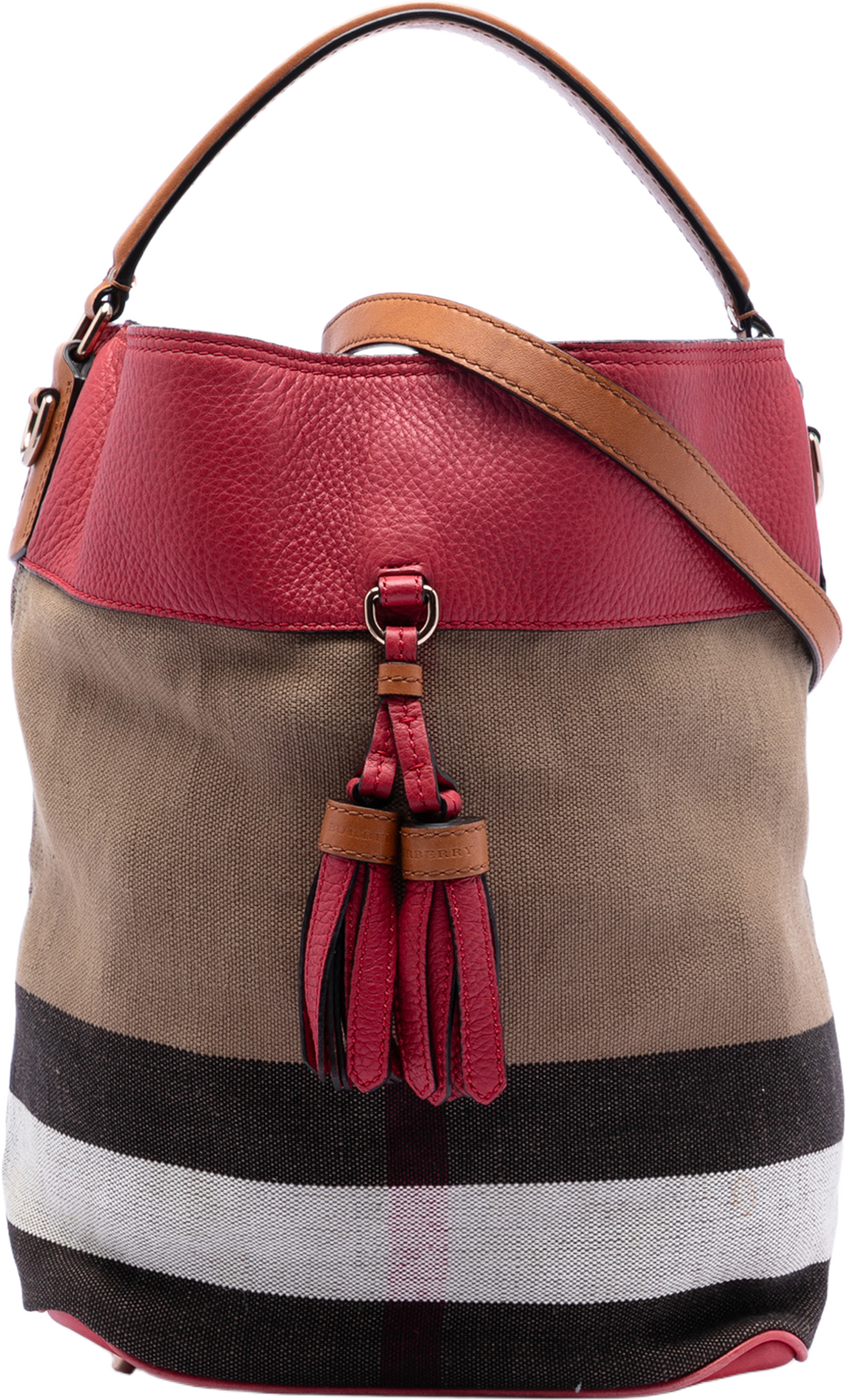 Burberry Medium Mega Check Canvas And Grained Calfskin Ashby Tassel Bucket Bag, från Luxclusif, i färgen light brown. Klicka för att öppna bilden i stort format