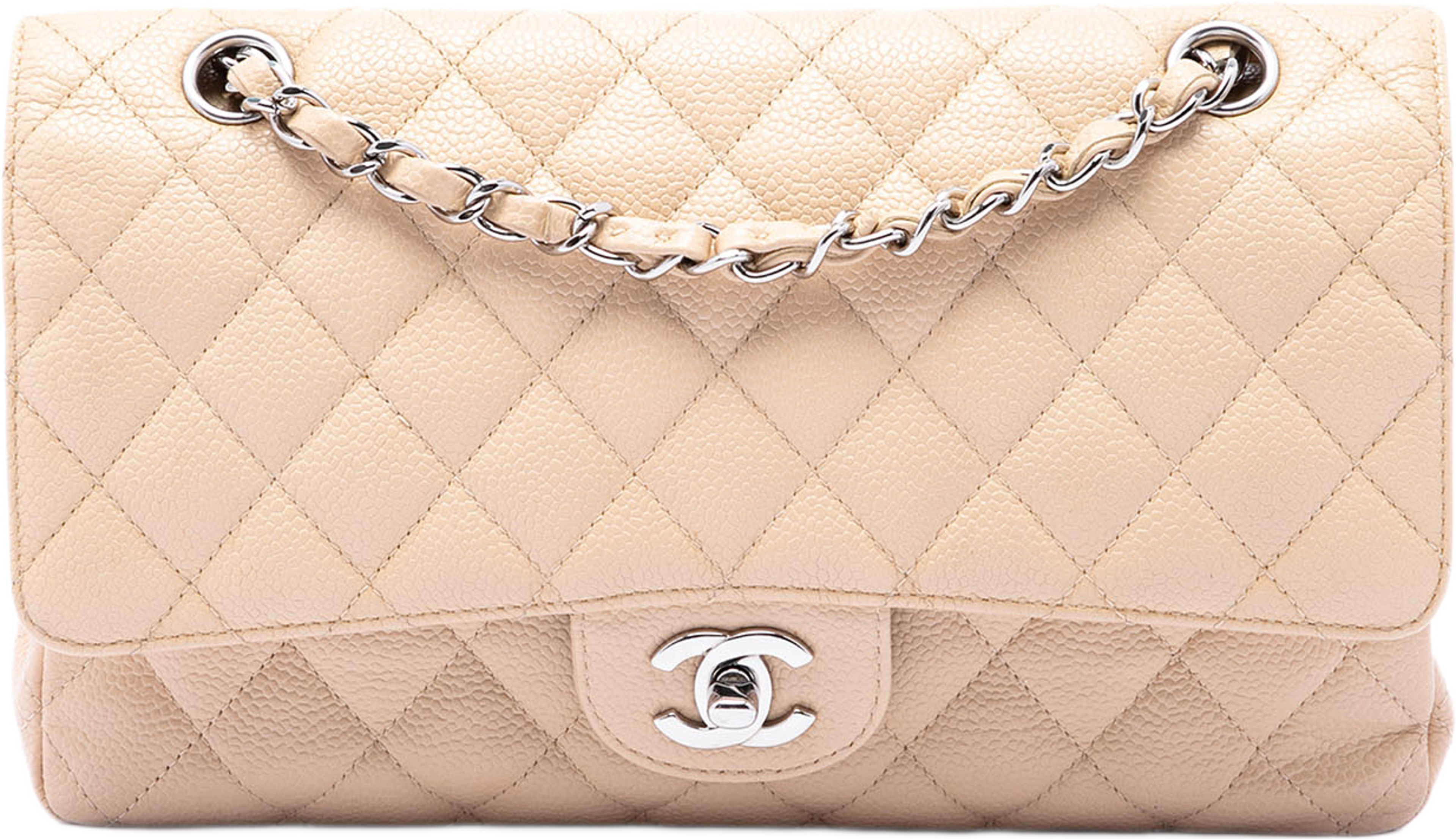 Chanel Medium Classic Caviar Double Flap, från Luxclusif, i färgen beige. Klicka för att öppna bilden i stort format