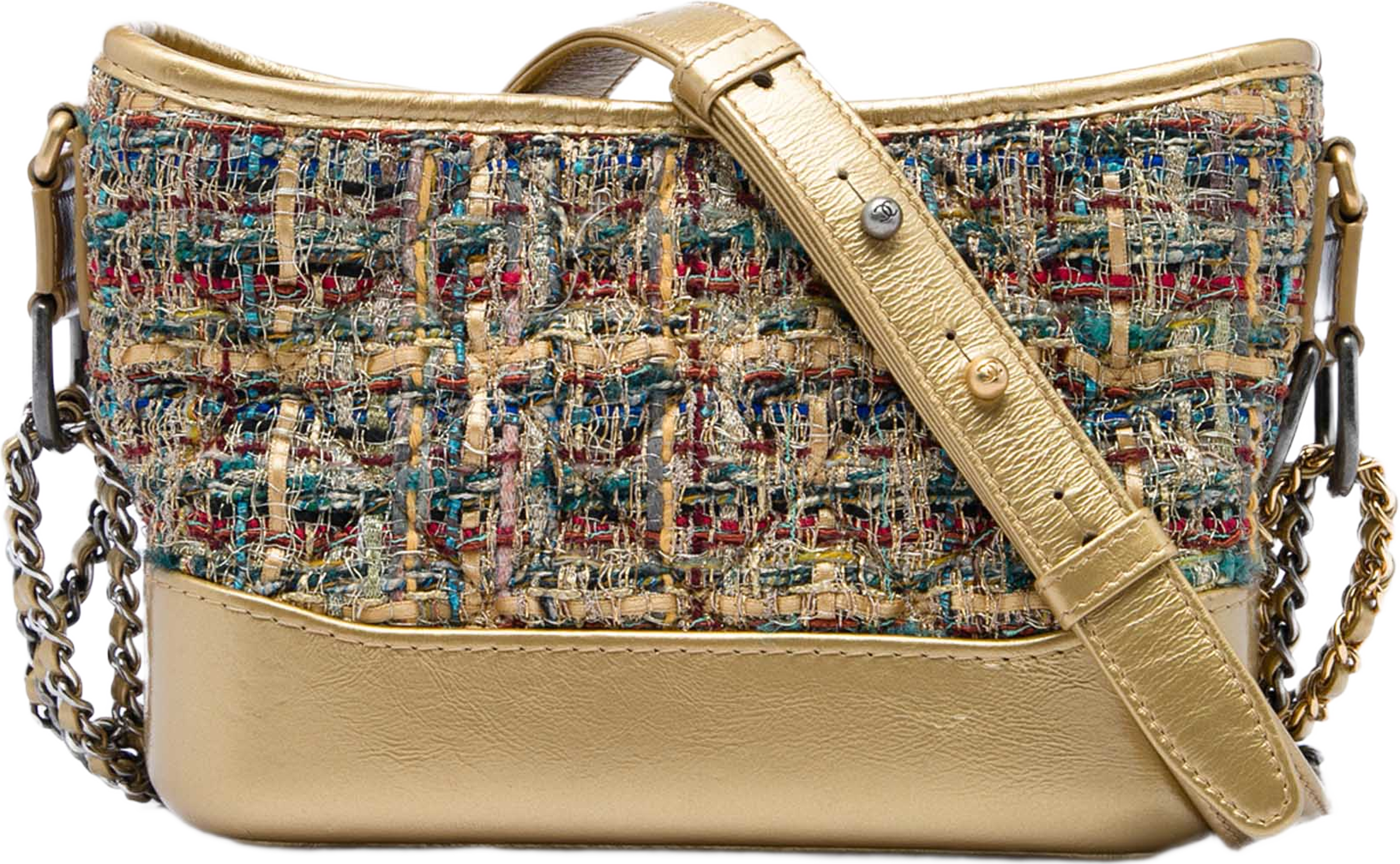 Chanel Small Tweed And Metallic Calfskin Gabrielle Crossbody, från Luxclusif, i färgen guld. Klicka för att öppna bilden i stort format