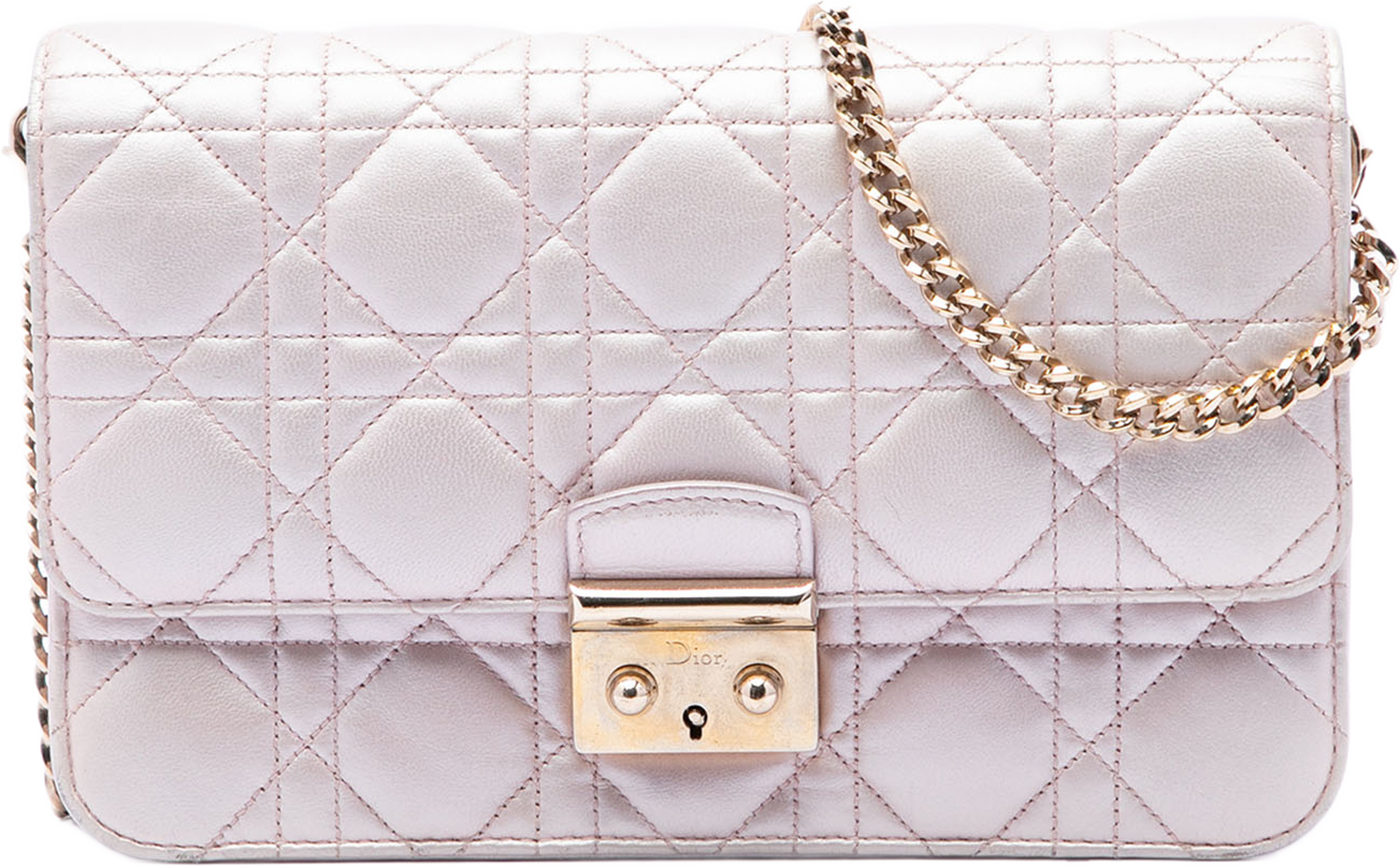 Dior Metallic Lambskin Cannage Miss Dior Promenade Crossbody, från Luxclusif, i färgen rosa. Klicka för att öppna bilden i stort format