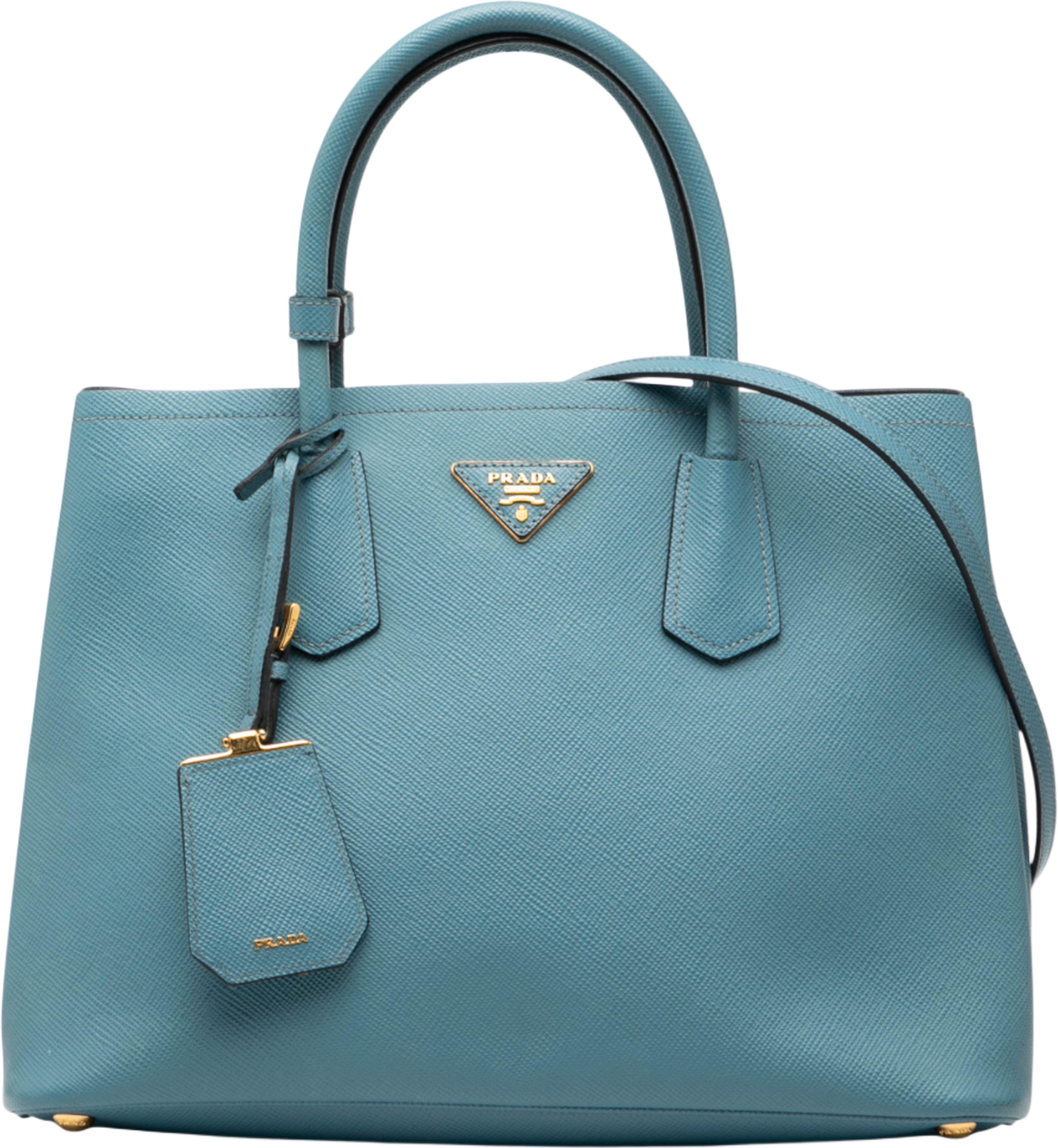 Prada Medium Saffiano Cuir Double Satchel, från Luxclusif, i färgen peacock. Klicka för att öppna bilden i stort format