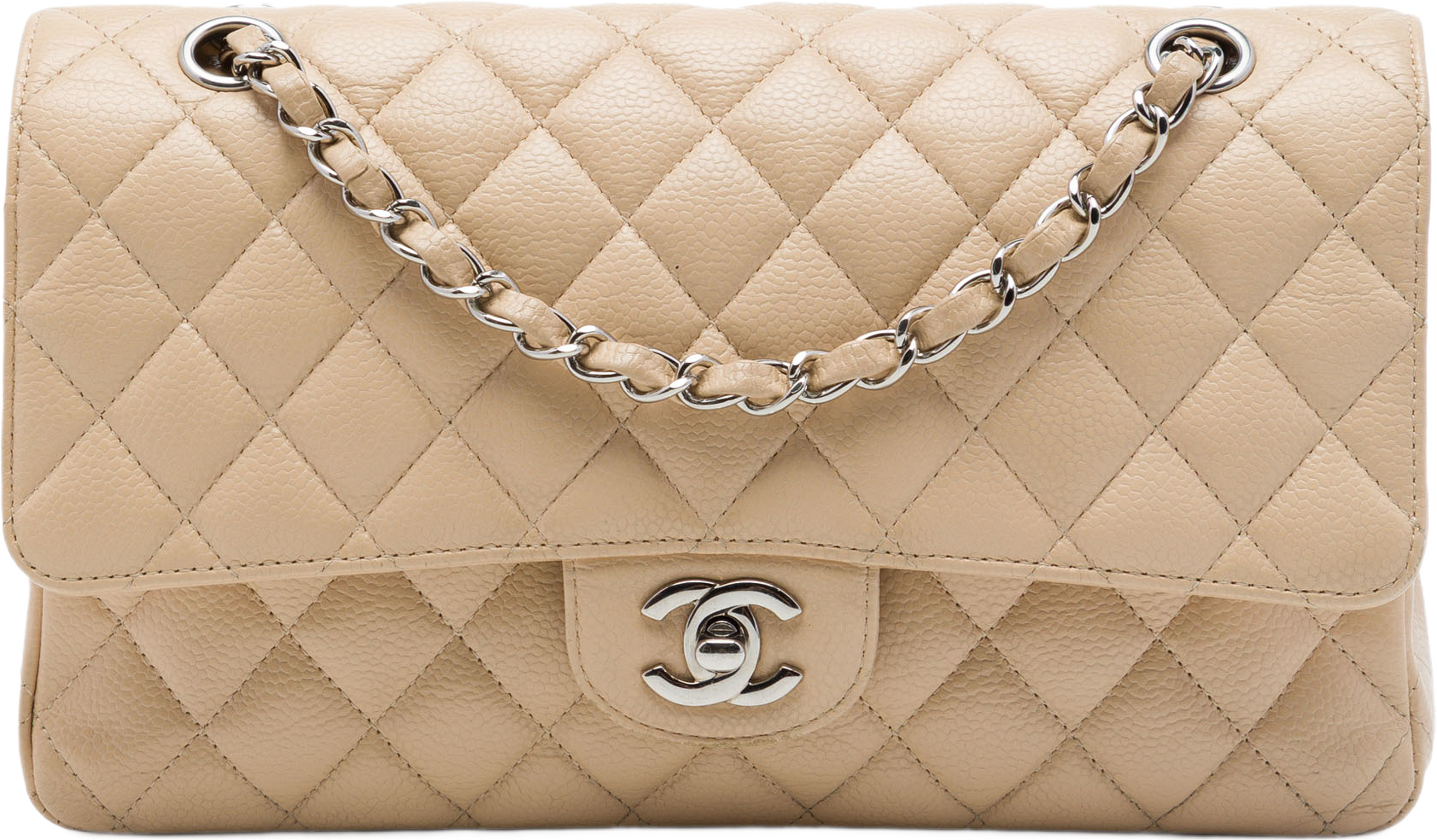 Chanel Medium Classic Caviar Double Flap, från Luxclusif, i färgen beige. Klicka för att öppna bilden i stort format